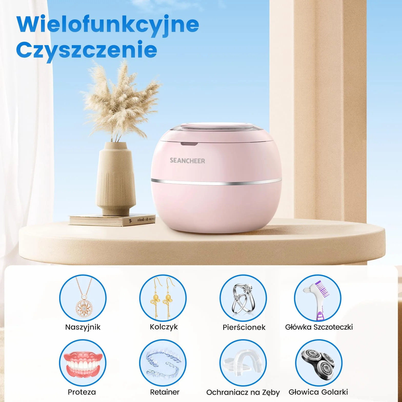 SEANCHEER Urządzenie Do Czyszczenia Ultradźwiękowego | 48000Hz | 24W | 180ML | Czyścik Ultradźwiękowy z lampą UV Do | Protez | Retainerów | Alignerów | Szyn Zębowych | Biżuterii | (Różowy)