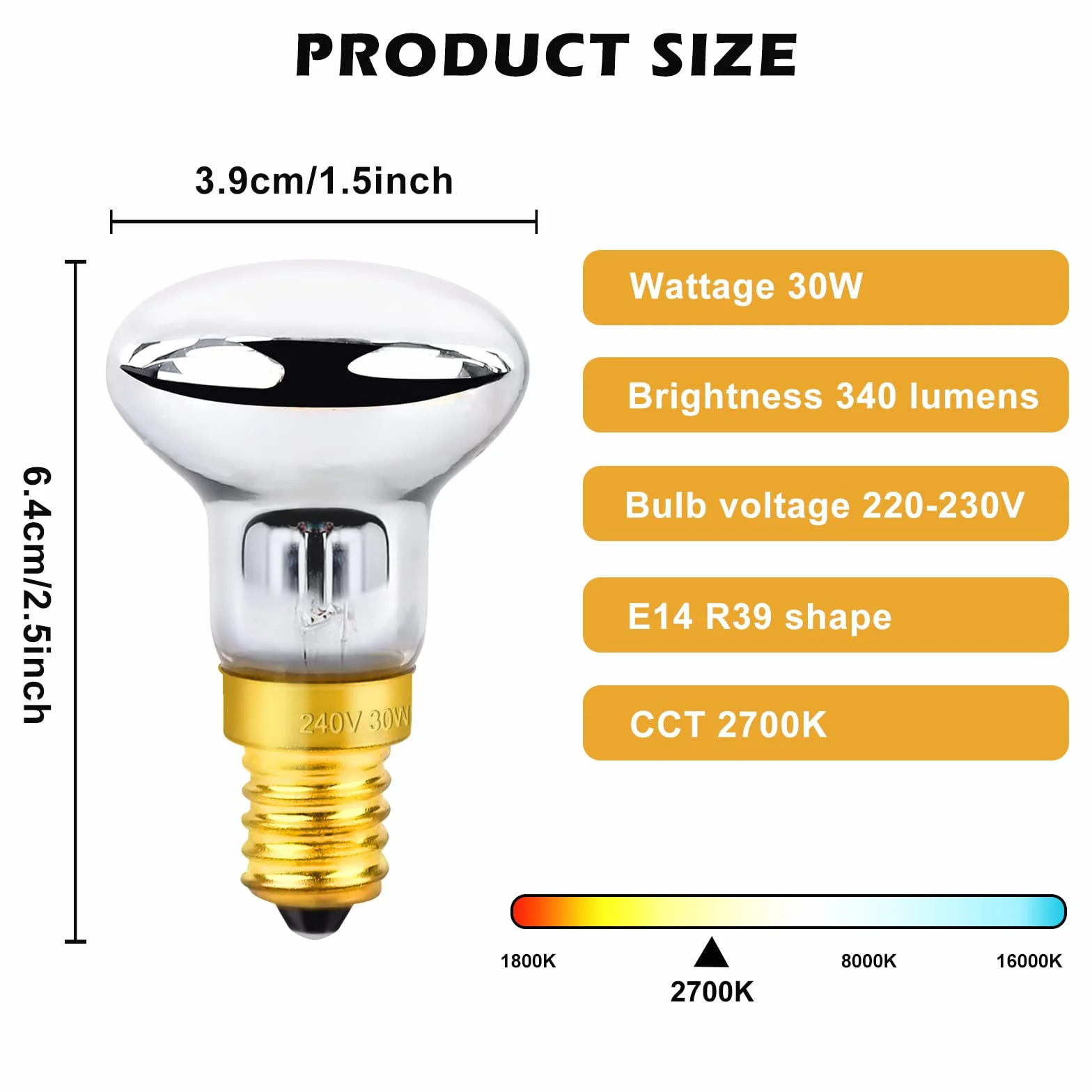 6 sztuk żarówek lawowych E14 R39 30 W, ciepła biel 2700 K, lampa lawowa, reflektor lawowy, AC 220 V-230 V, gwint E14, żarówki zamienne do lamp lawowych, lamp brokatowych, lamp rakietowych