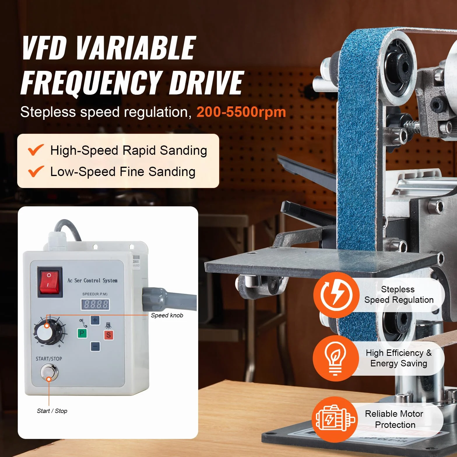 VEVOR Polerka taśmowa o zmiennej prędkości 762 x 25 mm z VFD, szlifierka do polerowania 550 W z 2 matrycami i 3 taśmami ściernymi do obróbki metalu, produkcji noży