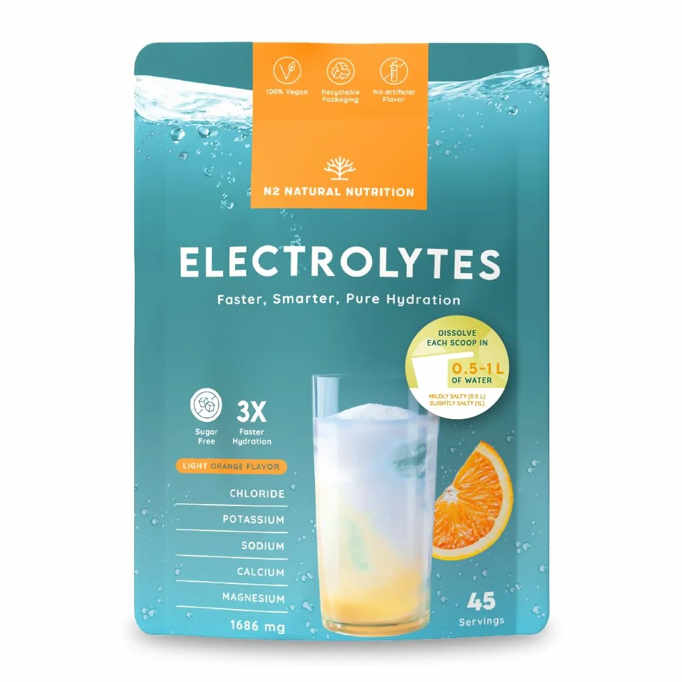 Elektrolity Bez Cukru, 45 Dni Hydratacji. Napój Proszkowy z Chlorkiem, Potasem, Sodem, Wapniem i Magnezem. Regeneracja i Energia. N2 Natural Nutrition