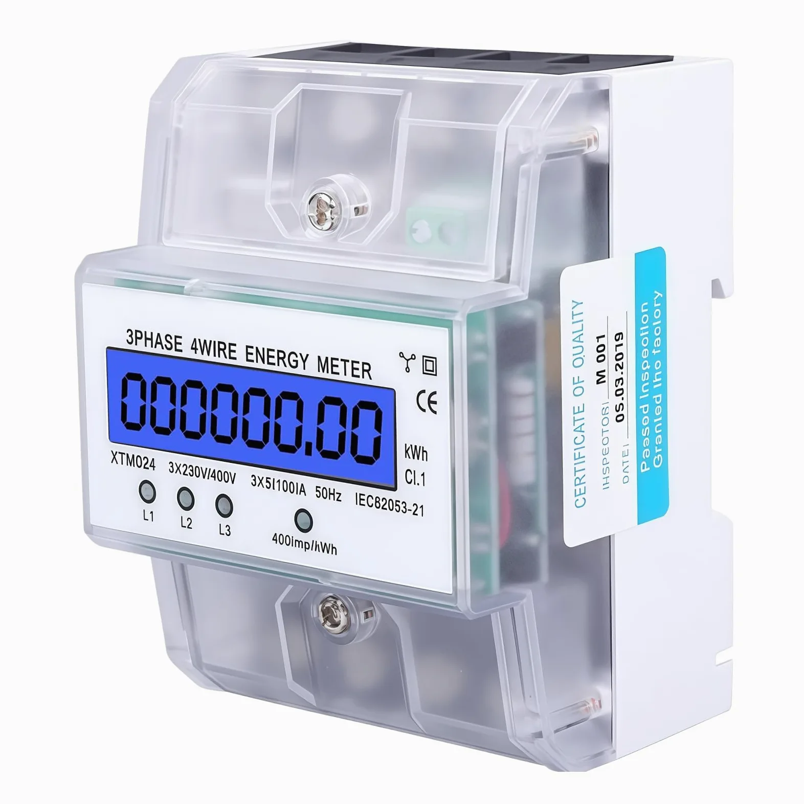 BAIFULAI Licznik prądu 3-fazowy, 4-przewodowy, licznik prądu trójfazowego 230/400 V 3 x 5-100 A, cyfrowy licznik prądu LCD, licznik pośredni, szyna montażowa do szyny montażowej DIN, licznik pośredni
