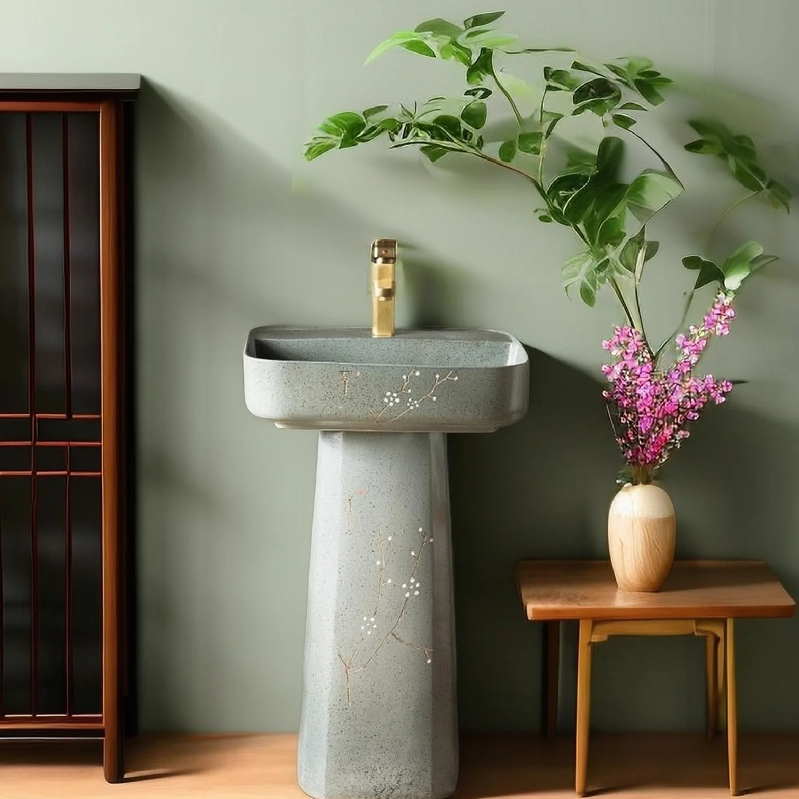 Umywalka łazienkowa na cokole, umywalka łazienkowa z cokołem chińskim w stylu vintage, umywalka łazienkowa z ceramiczną podstawą, dwuczęściowy zlew podłogowy (B)
