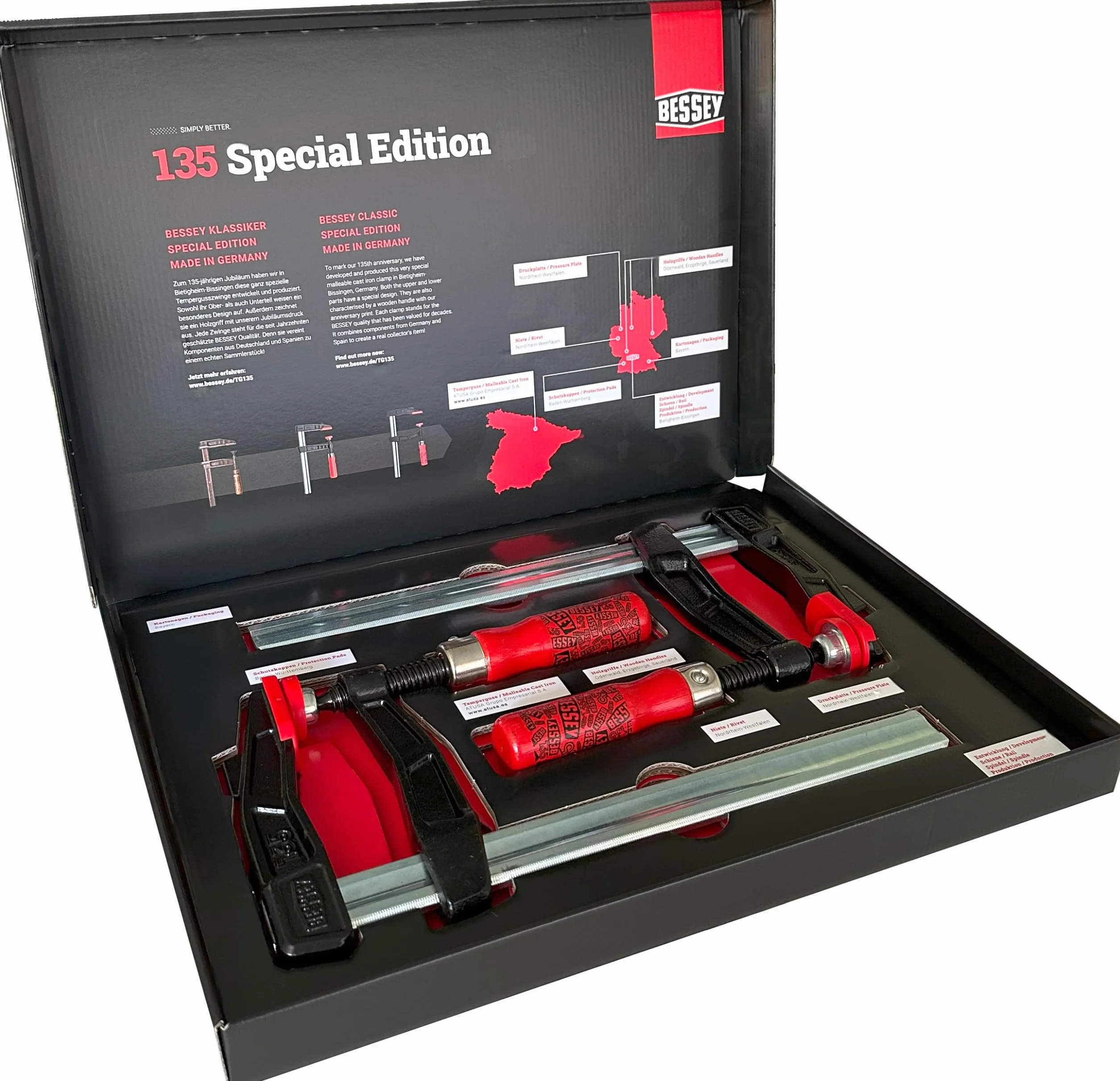 Bessey TGA25SET-135 zestaw zacisków śrubowych (2 x zacisk z żeliwa ciągliwego, rozpiętość szczęk 250 mm, wysięg 120 mm, szyna 29 x 9 mm, zacisk jednoręczny)