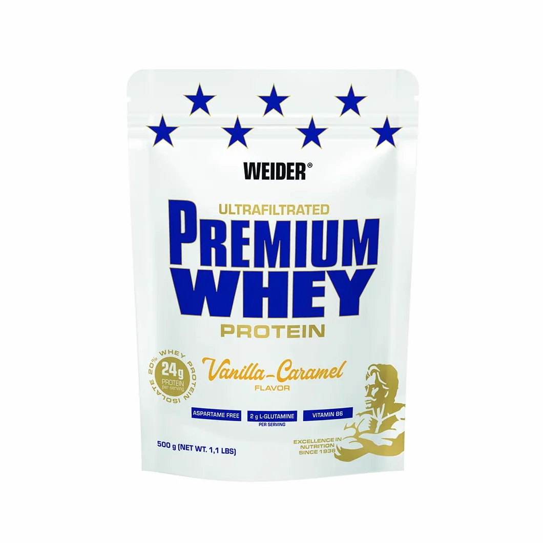 Weider Premium Whey Protein. Białko - koncentrat i izolat serwatki. Z L-glutaminą i witaminą B6. Vanilla-Caramel (1 x 500 g).