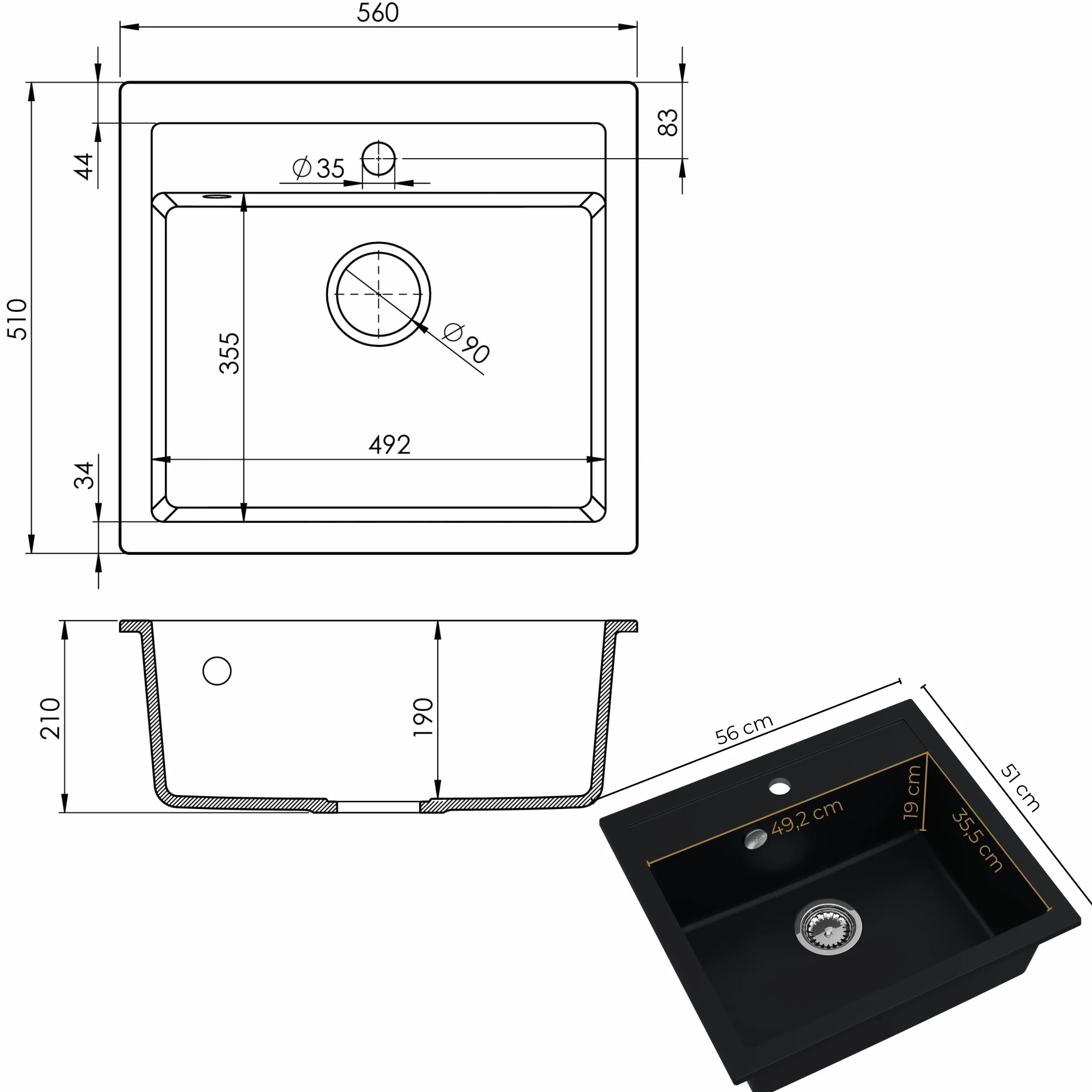 SINK Quality Zlewozmywak Jednokomorowy Czarny 56x51 cm - W zestawie syfon grafitowy i impregnat - Granitowy Zlew Kuchenny do szafki o szerokości od 60 cm