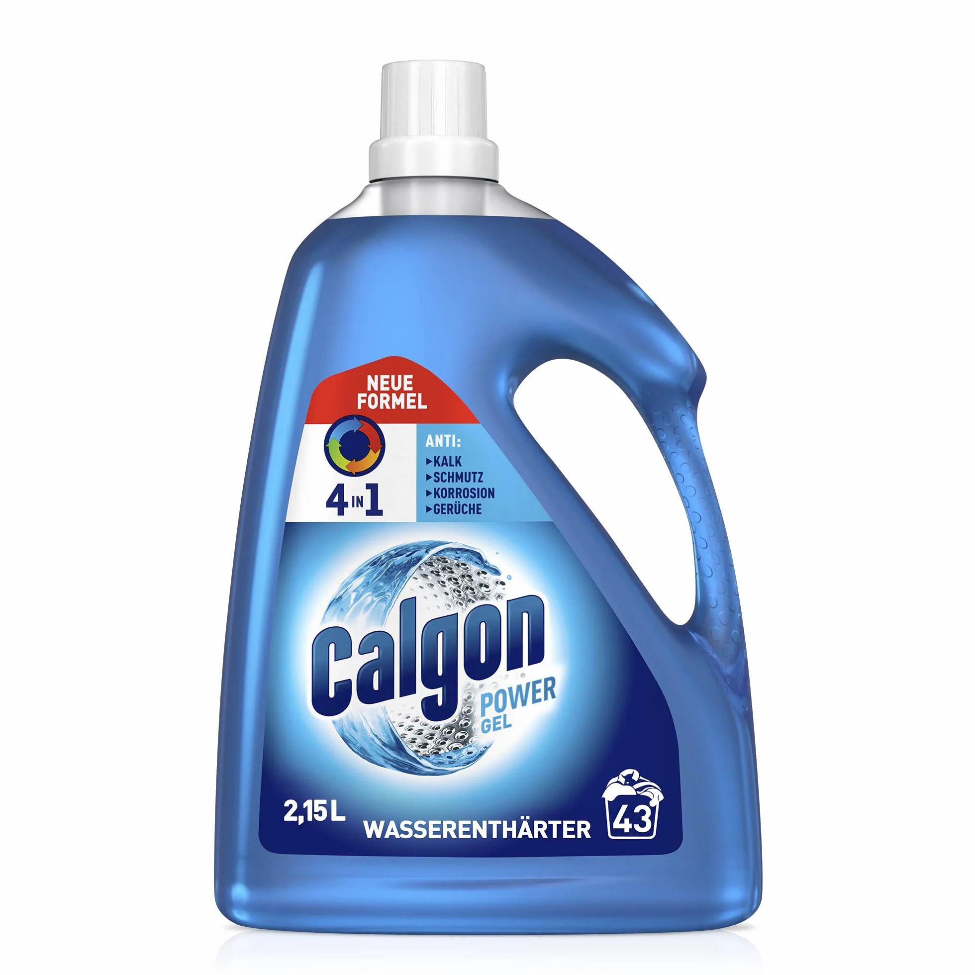 Calgon Power Gel 4 w 1 – skuteczny przeciwko kamieniom, zabrudzeniom, zapachom i korozji, ochronny zmiękczacz wody do pralki, 1 x 2,15 l