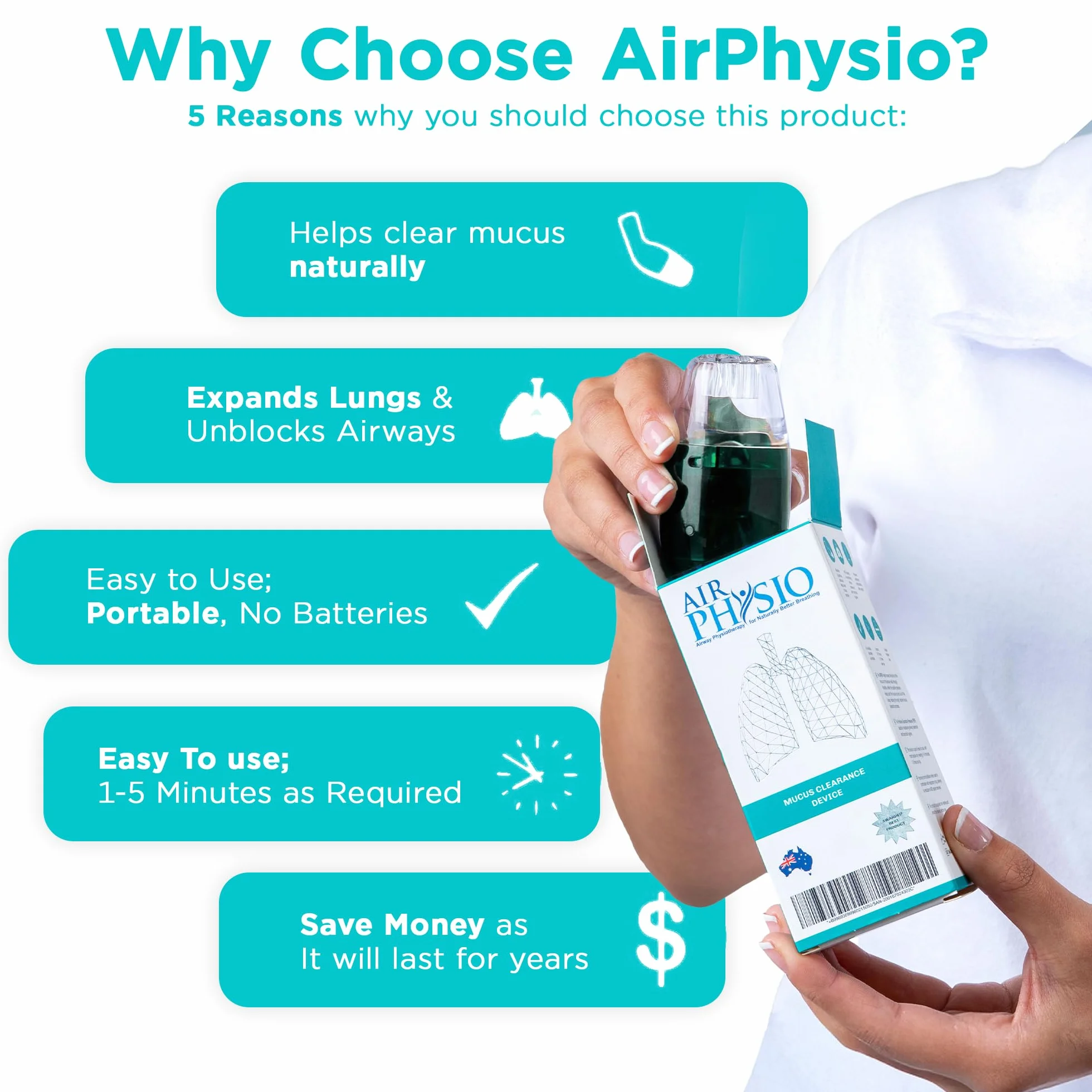 AirPhysio Zdrowie i dobre samopoczucie naturalne urządzenie do usuwania śluzu z bezpłatną ochronną torbą do przechowywania.