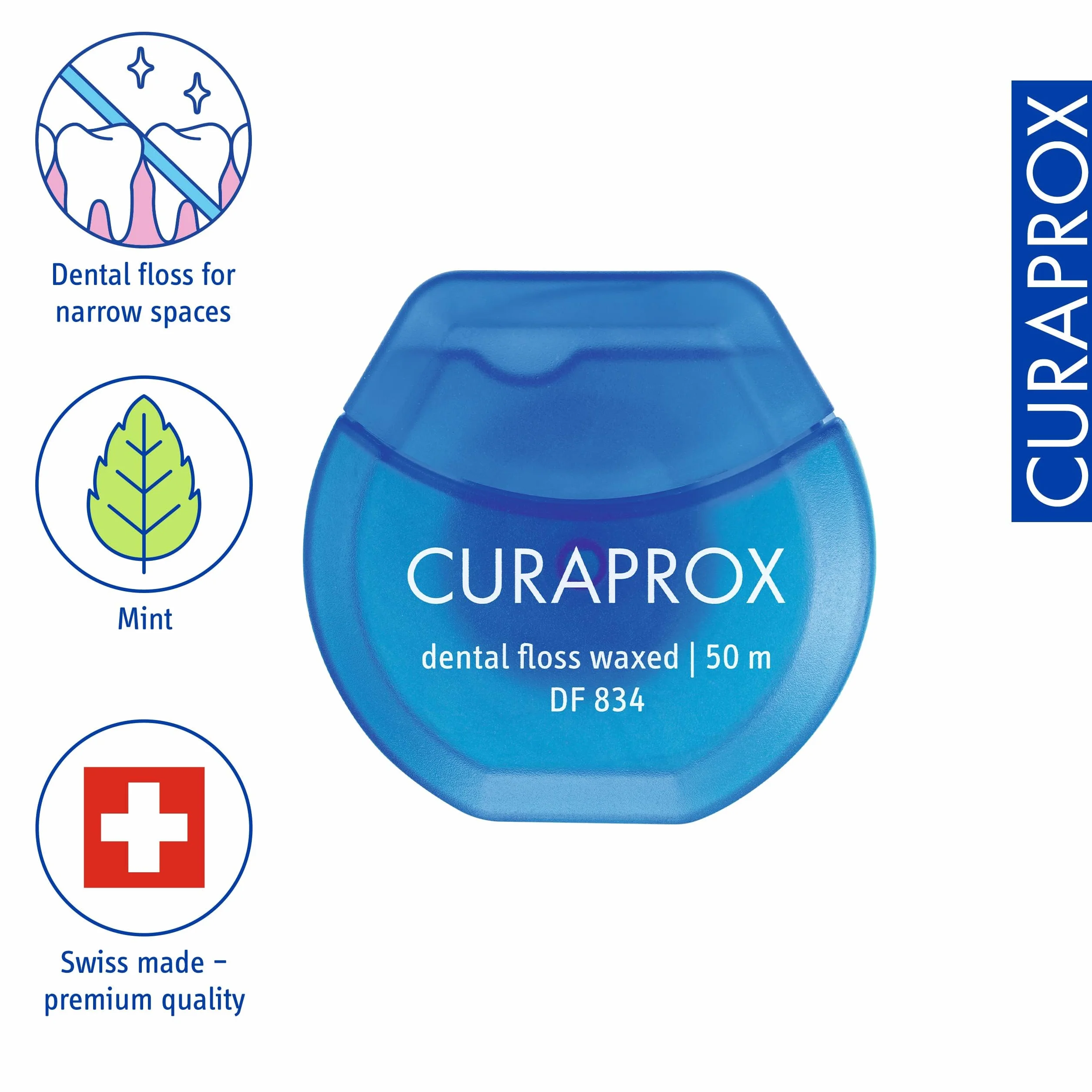 Curaprox DF 834 Dental Floss-woskowana Nić Dentystyczna o miętowym smaku dla Łatwej Obsługi w ciasnych przestrzeniach / 50 metrów | Made in Switzerland