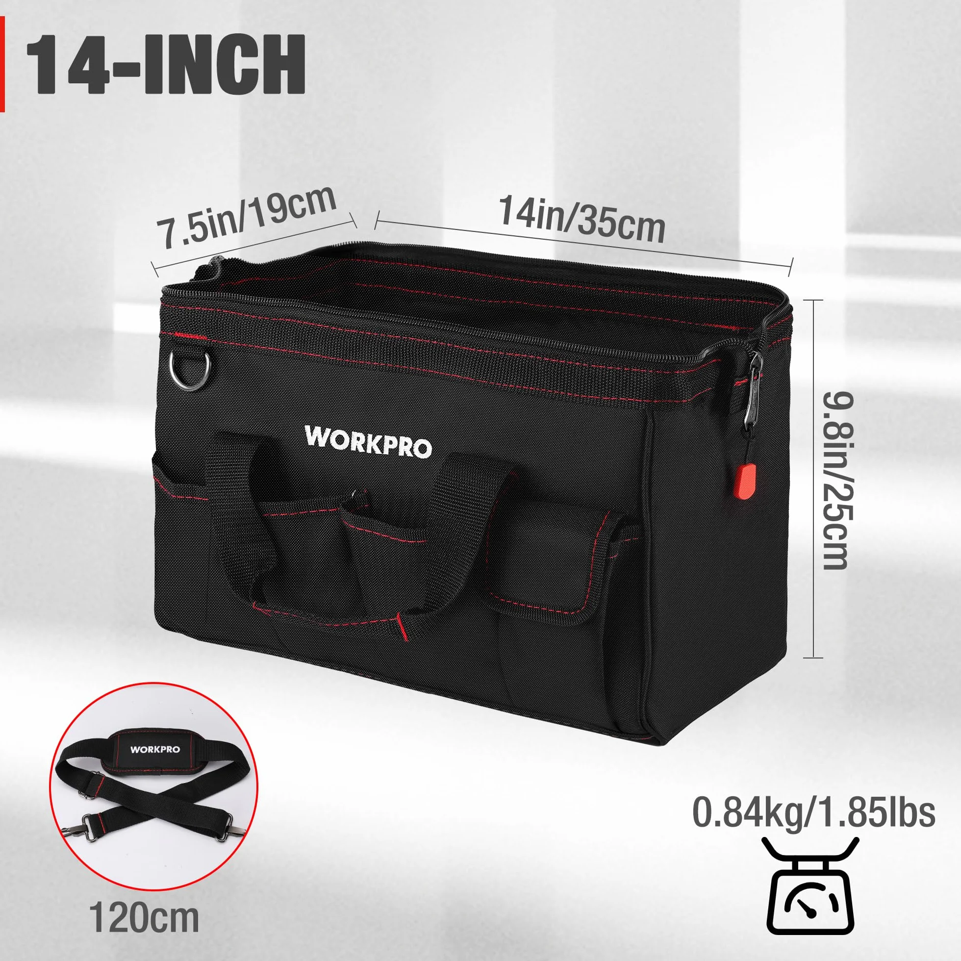 WORKPRO W081021A torba na narzędzia, wielofunkcyjna torba do przechowywania z szerokimi otworami, 35 cm, niebieska, czarna