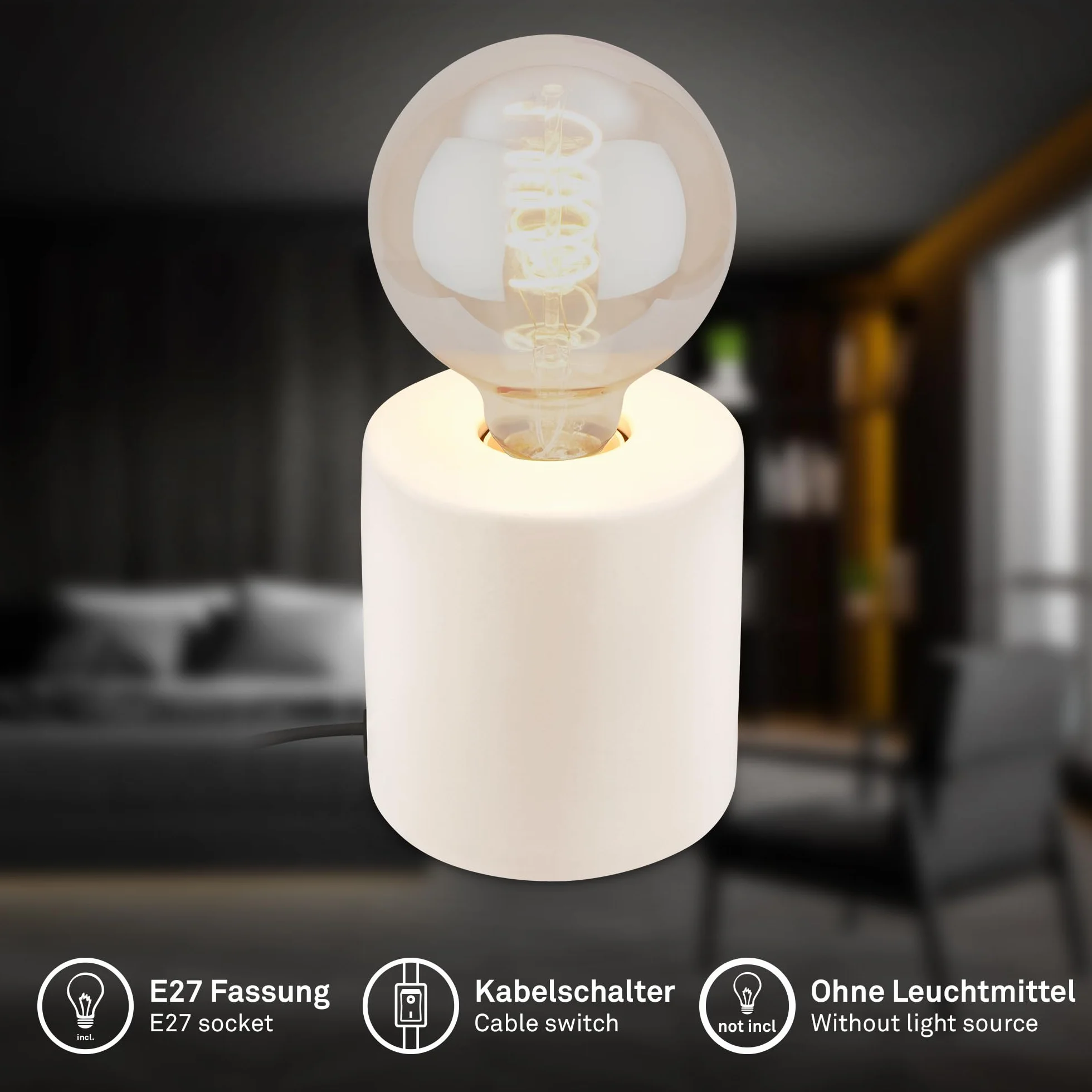 BRILONER - Lampa stołowa z przełącznikiem kablowym, ceramiczna podstawa, E27, maks. 10 W, lampka nocna, lampka, lampa biurowa, lampka do czytania, 10 x 10,3 cm, stara biel