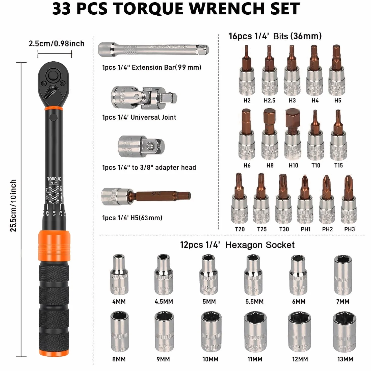 Klucz dynamometryczny do roweru 1/4" 2-24 Nm, 33-częściowy zestaw kluczy Torque z grzechotką (72 zęby), dokładność ±3%, do roweru, motocykla, montażu mebli, w zestawie bity i adaptery