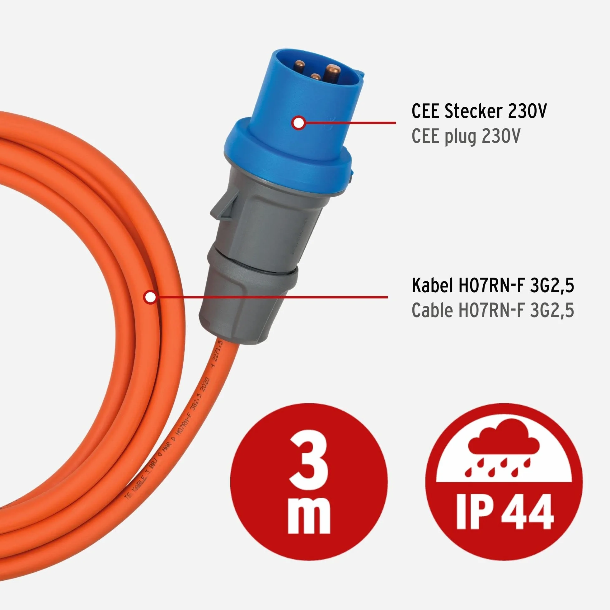 Brennenstuhl Przedłużacz kempingowy CEE z wtyczką CEE i złączem kątowym ze stykiem ochronnym (kabel 3 m, pomarańczowy, 230 V/16 A, do użytku na zewnątrz, wyprodukowano w Niemczech)