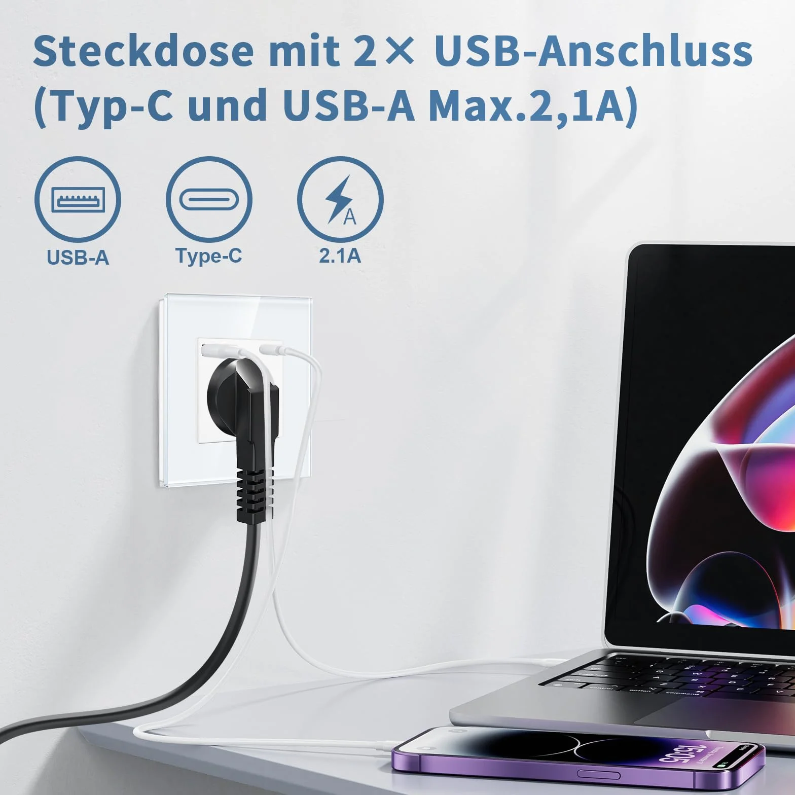 CNBINGO Pojedyncze gniazdko z 2 portami USB (maks. 2,1A, typ C i USB-A) - Proste szklane gniazdko Schuko podtynkowe - Białe gniazdko ścienne z zabezpieczeniem dziecięcym