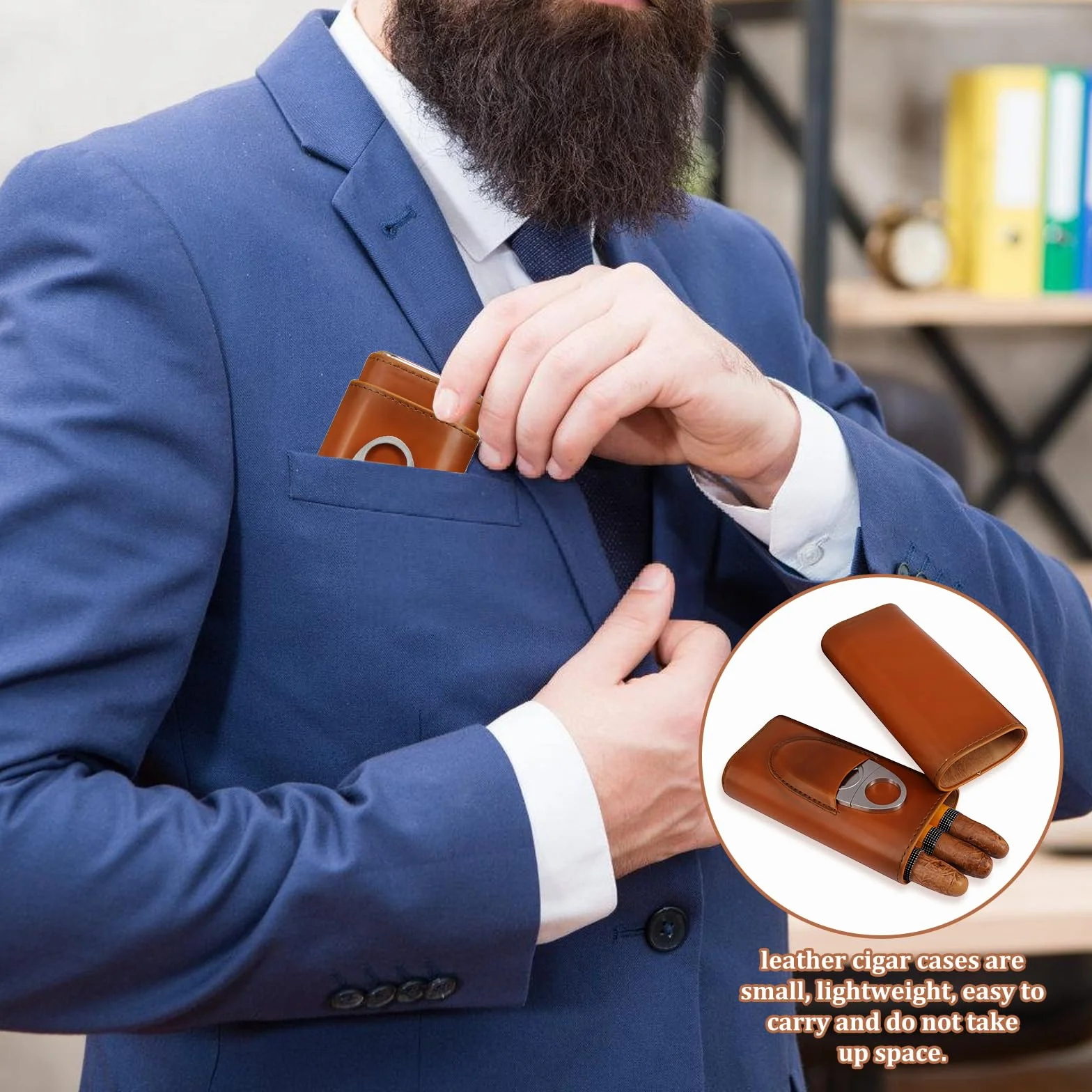 Skórzane etui na cygara 3 sztuki humidor z krajalnicą drewno cedrowe