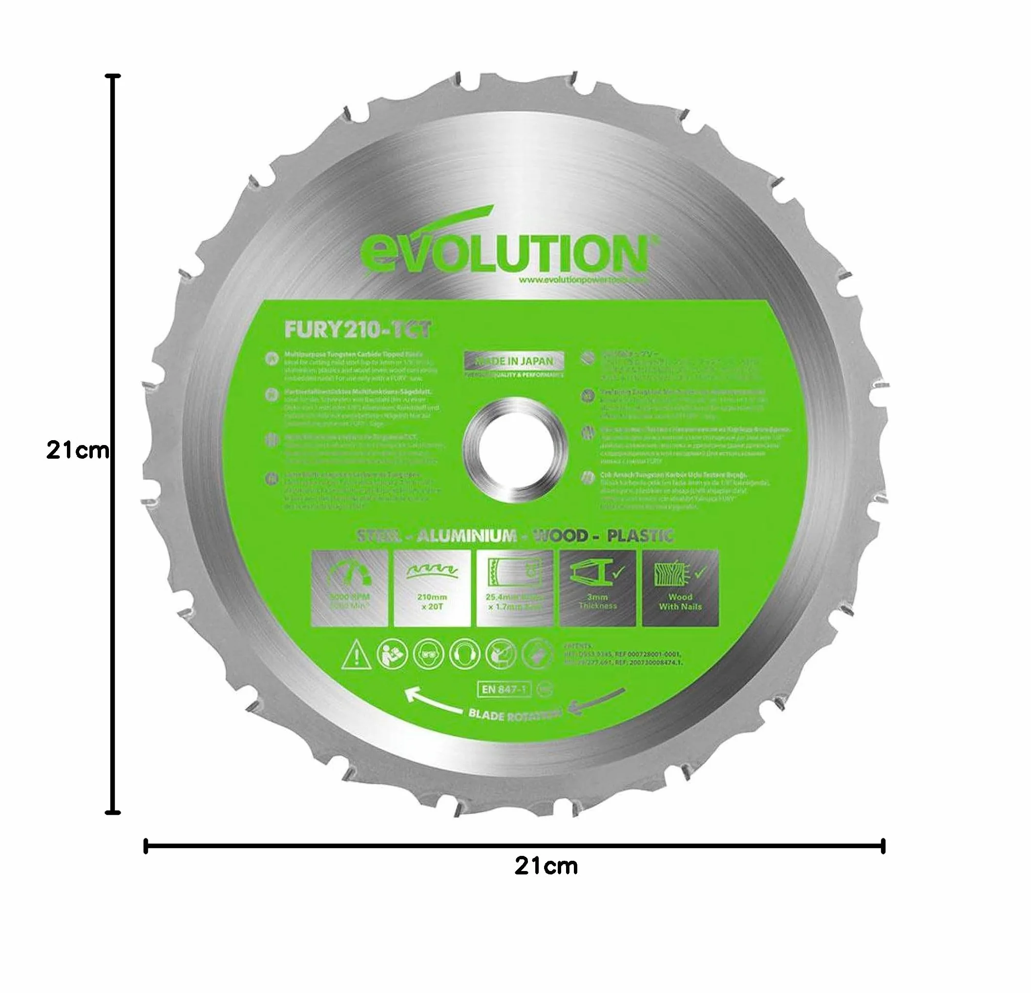 Evolution Power Tools Tarcza do cięcia wielu materiałów F210TCT-20T (Fury) TCT 210 mm tnie drewno, metal i plastik