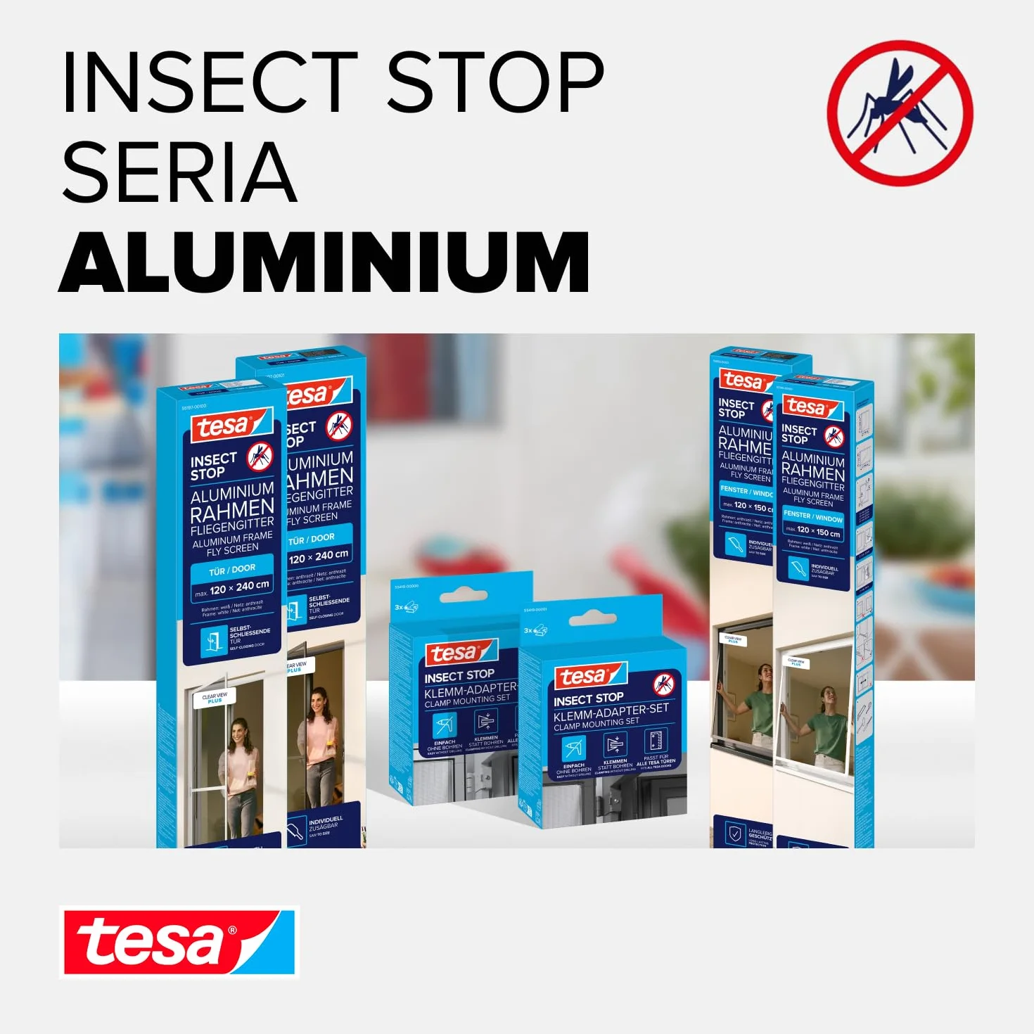 tesa INSECT STOP Aluminium For Doors Frame Fly Screen XL - siatka z ramą aluminiową, czysty widok, biały - 120 x 240 cm