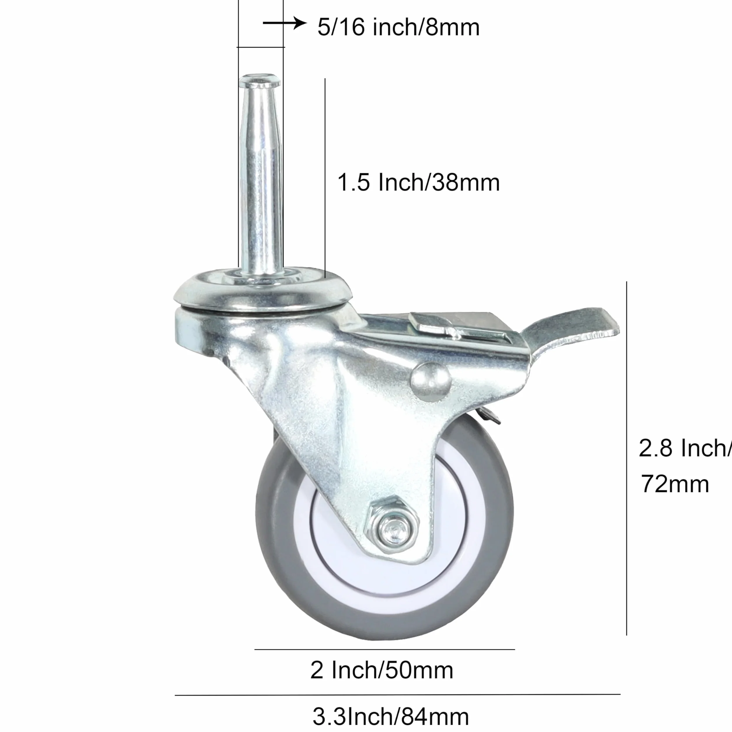 2-calowe kółka skrętne z trzpieniem, 5/16" x 1-1/2" (średnica trzpienia 5/16", długość 1-1/2") Zestaw 4 kółek zapasowych z TPR (z gniazdami) (2,0-calowe szare kółko TPR z hamulcem)