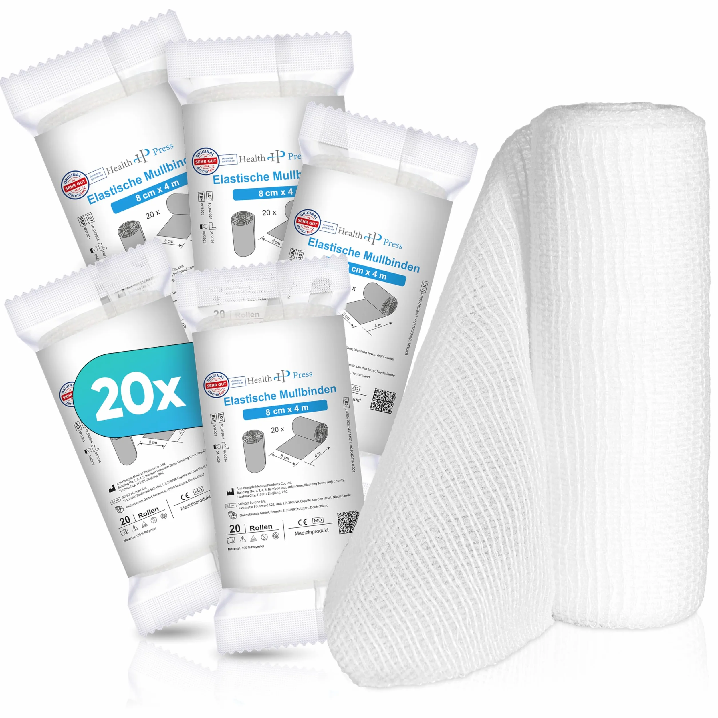 Health Press Bandaż z gazy – materiał opatrunkowy (8 cm x 4 m), 20 rolek – elastyczny – produkt medyczny – testowany dermatologicznie – mocujący – idealny do pierwszej pomocy