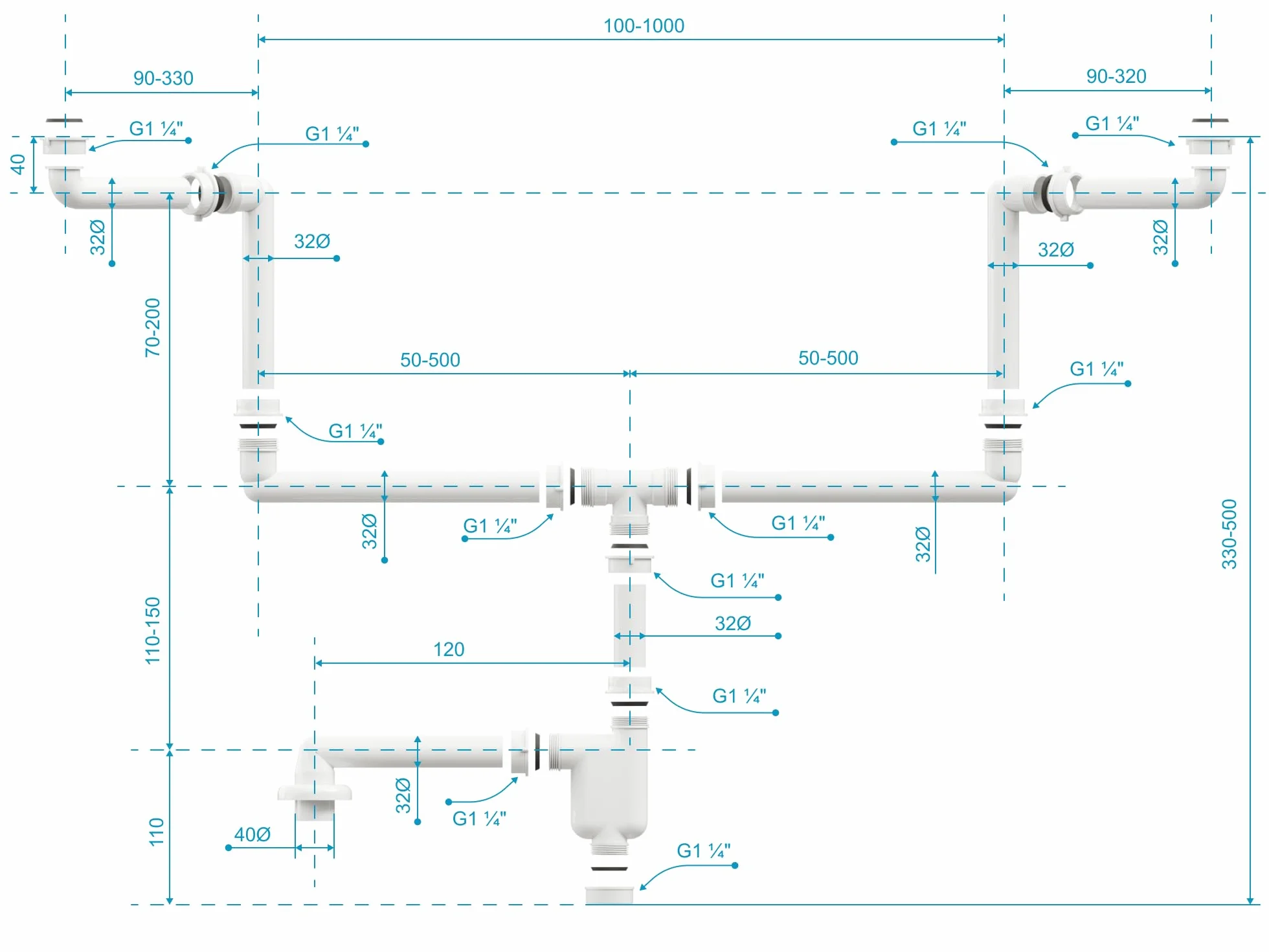 Aqua Bagno Syfon oszczędzający miejsce do umywalki – syfon meblowy – syfon oszczędzający miejsce – syfon płaski – łazienka – regulowany elastycznie – G 1 1/4 cala – DN32 – podwójna umywalka