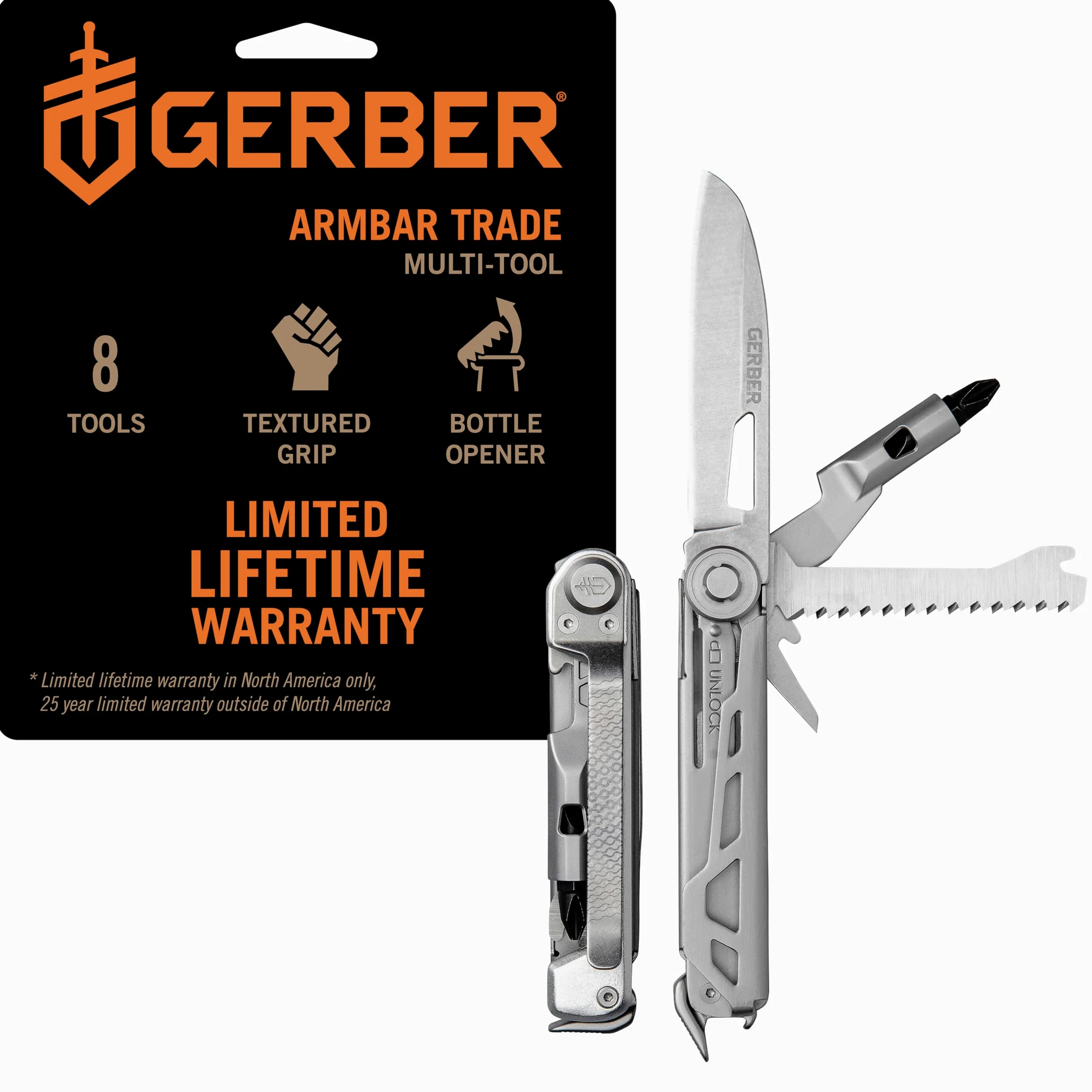 Gerber Gear Armbar Trade Narzędzie wielofunkcyjne 8 w 1 - ostrze o gładkiej krawędzi 6,3 cm, drążek do podważania, młotek - sprzęt i wyposażenie EDC - srebrny