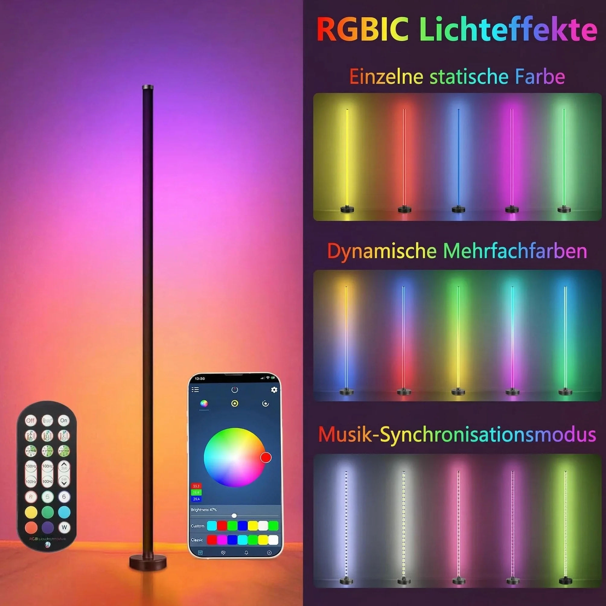 Zestaw 2 lamp stojących LED RGB, możliwość ściemniania, 120 cm, lampa narożna ze sterowaniem za pomocą aplikacji i pilotem zdalnego sterowania, synchronizacja muzyki i tryb DIY, nowoczesna