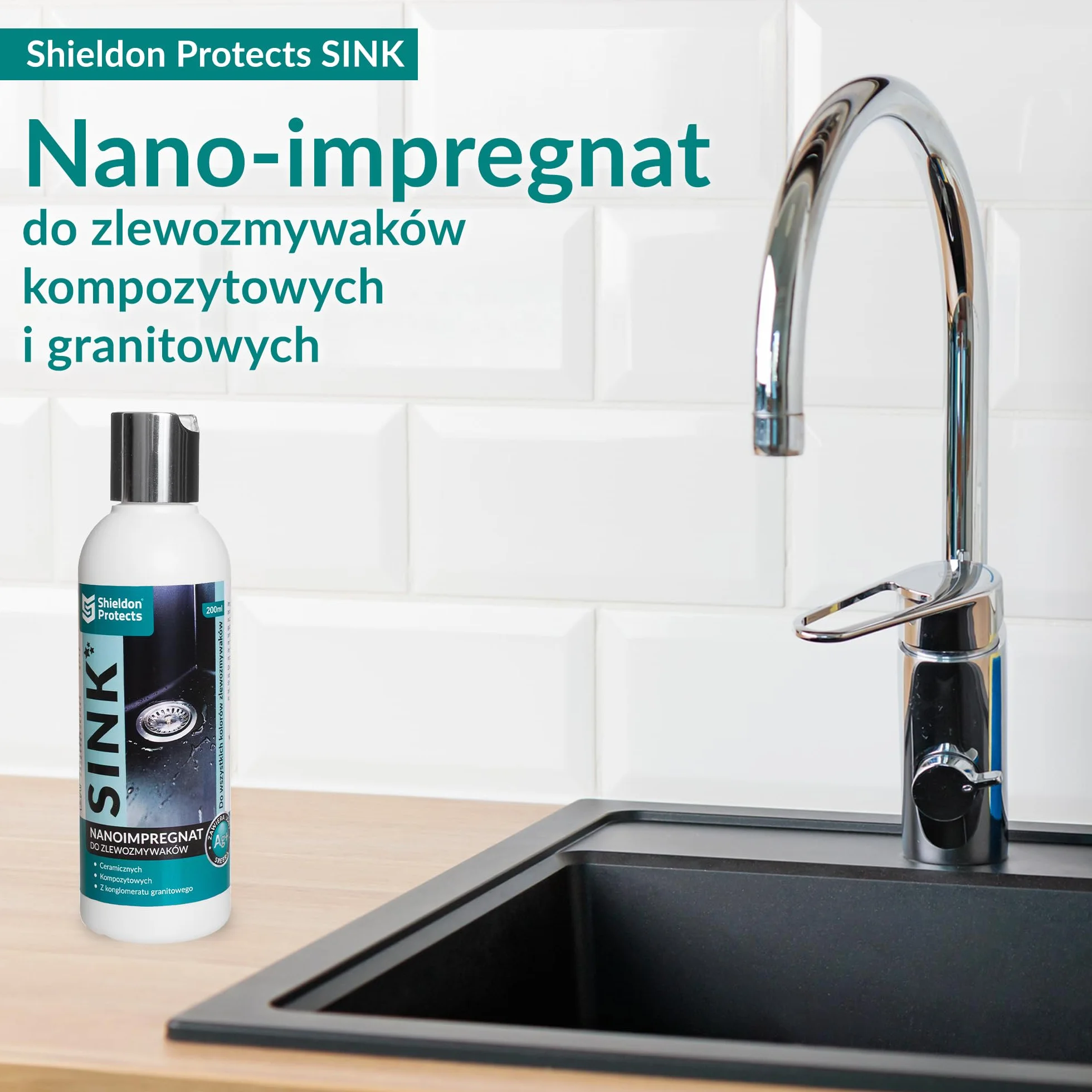 Shieldon Protects SINK – profesjonalny impregnat do zlewu granitowego i zlewozmywaków kompozytowych - powłoka hydrofobowa chroni przed tłuszczem, plamami i kamieniem, wzmacnia kolor i połysk – 200 ml