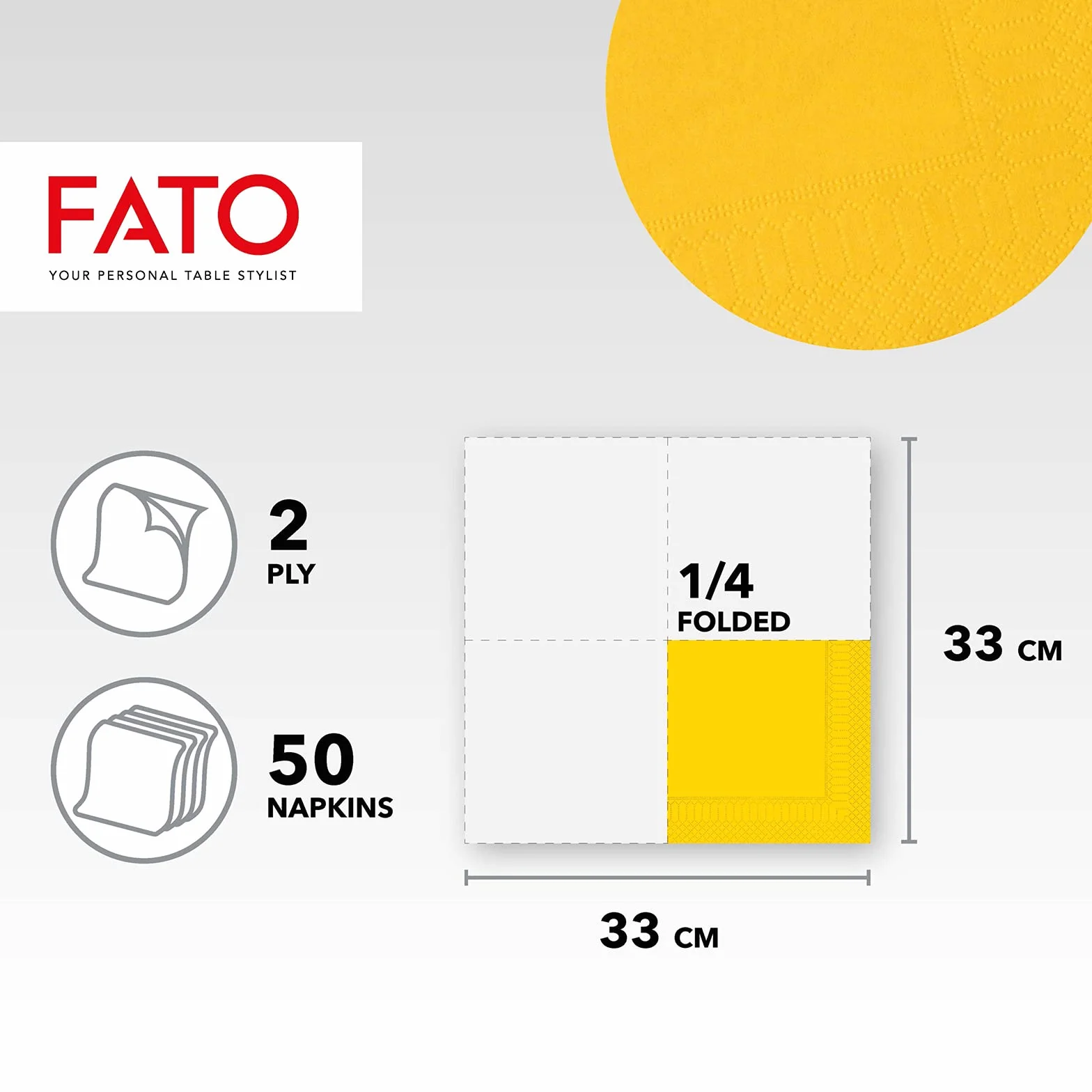 Fato, Jednorazowe serwetki papierowe, idealne na nieformalne lunche i bufety, opakowanie 50 serwetek, rozmiar 33x33, złożone na 4, 2 warstwy, żółty, 100% czysty papier celulozowy