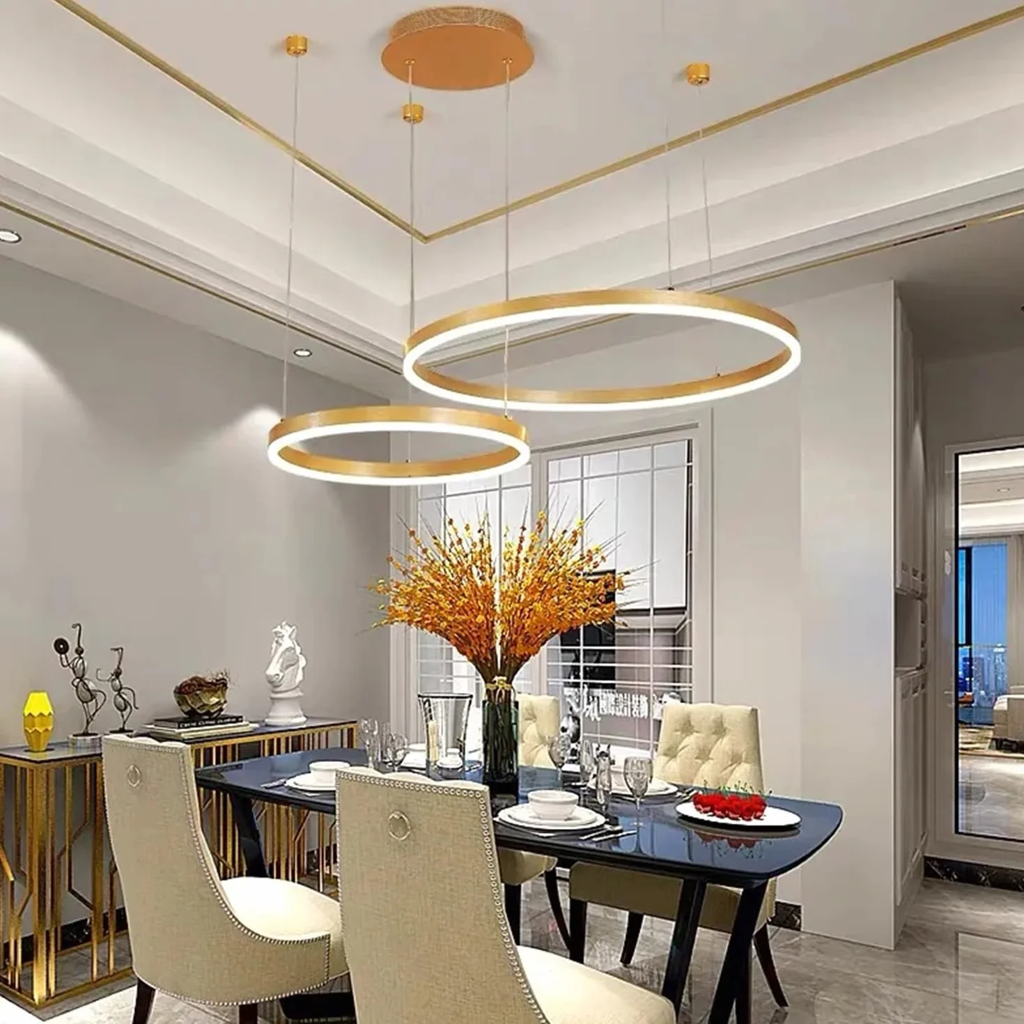 Lampa wisząca LED, do jadalni, do salonu, przyciemniana, z pilotem zdalnego sterowania, nowoczesny żyrandol, okrągły, z aluminium, akrylu, lampa sufitowa, 65 W, złota, 3 okręgi, 30 + 50 + 70 cm
