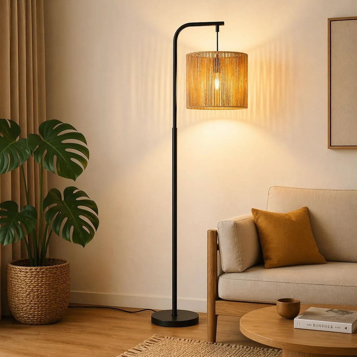 lampa podłogowa boho nowoczesna łukowa konstrukcja z czarnym | linowym abażurem włącznik nożny gniazdo E27 Idealna do salonu sypialni biura czy tarasu