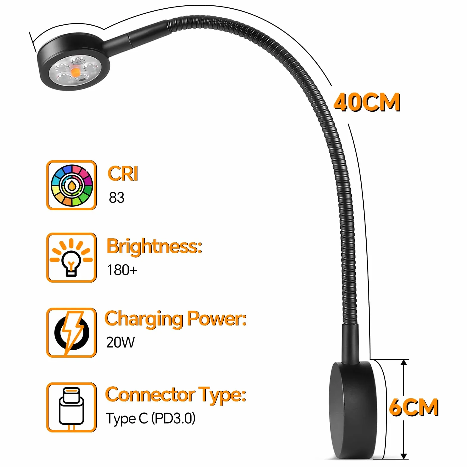 Lampa do czytania 12V przyciemniana DC12-24V 3200K z ładowarką typu C i czerwoną lampką nocną Czarny