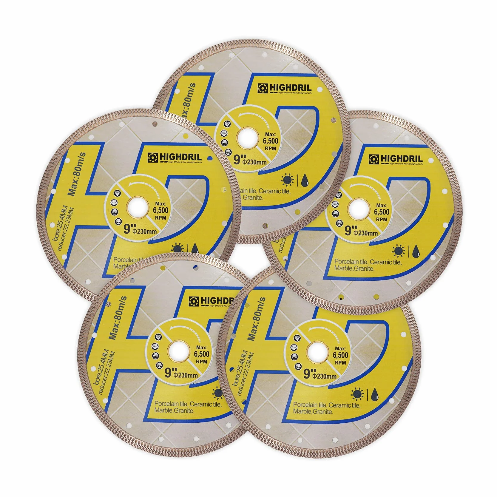 Supercienkie diamentowe ostrze, HIGHDRIL 5 szt. 9 cali / 230 mm suche lub mokre diamentowe ostrze do płytek z krawędzią X siatkową szlifierek aniołów tarcza cięcia porcelana, ceramika, terakota, granit, marmur