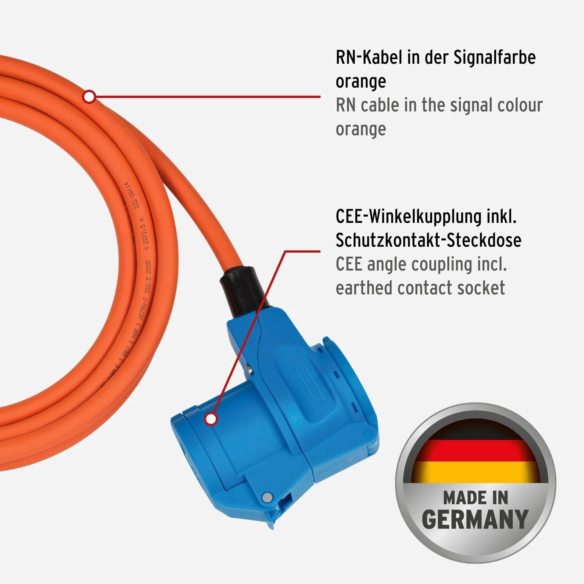Brennenstuhl Przedłużacz kempingowy CEE z wtyczką CEE i złączem kątowym ze stykiem ochronnym (kabel 3 m, pomarańczowy, 230 V/16 A, do użytku na zewnątrz, wyprodukowano w Niemczech)