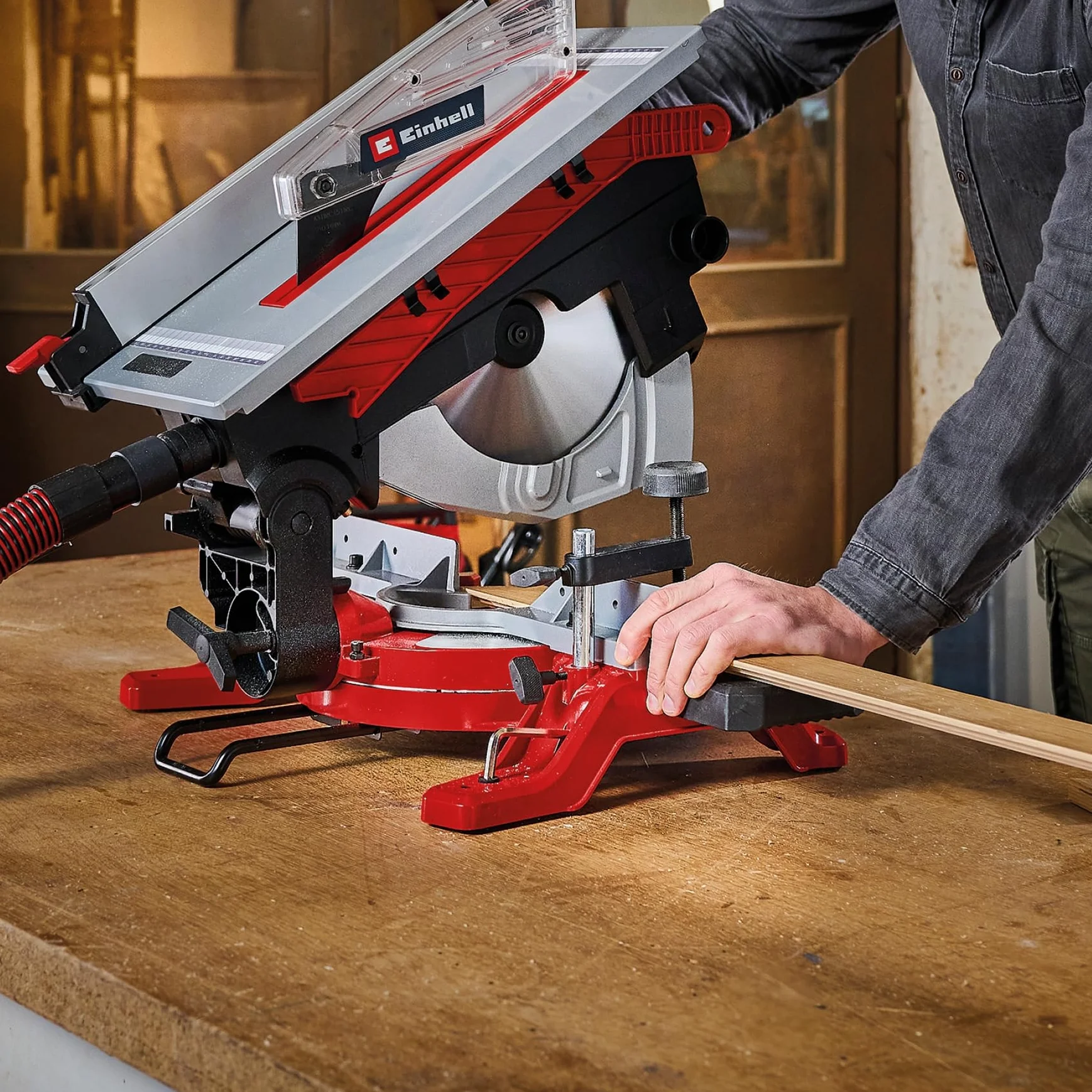 Einhell Piła ukośna ze stołem górnym TE-MS 254 T (2000 W, maks. głębokość cięcia 74 mm x 130 mm, brzeszczot piły Ø 254 mm, nachylona głowica piły, laser, funkcja piły stołowej)