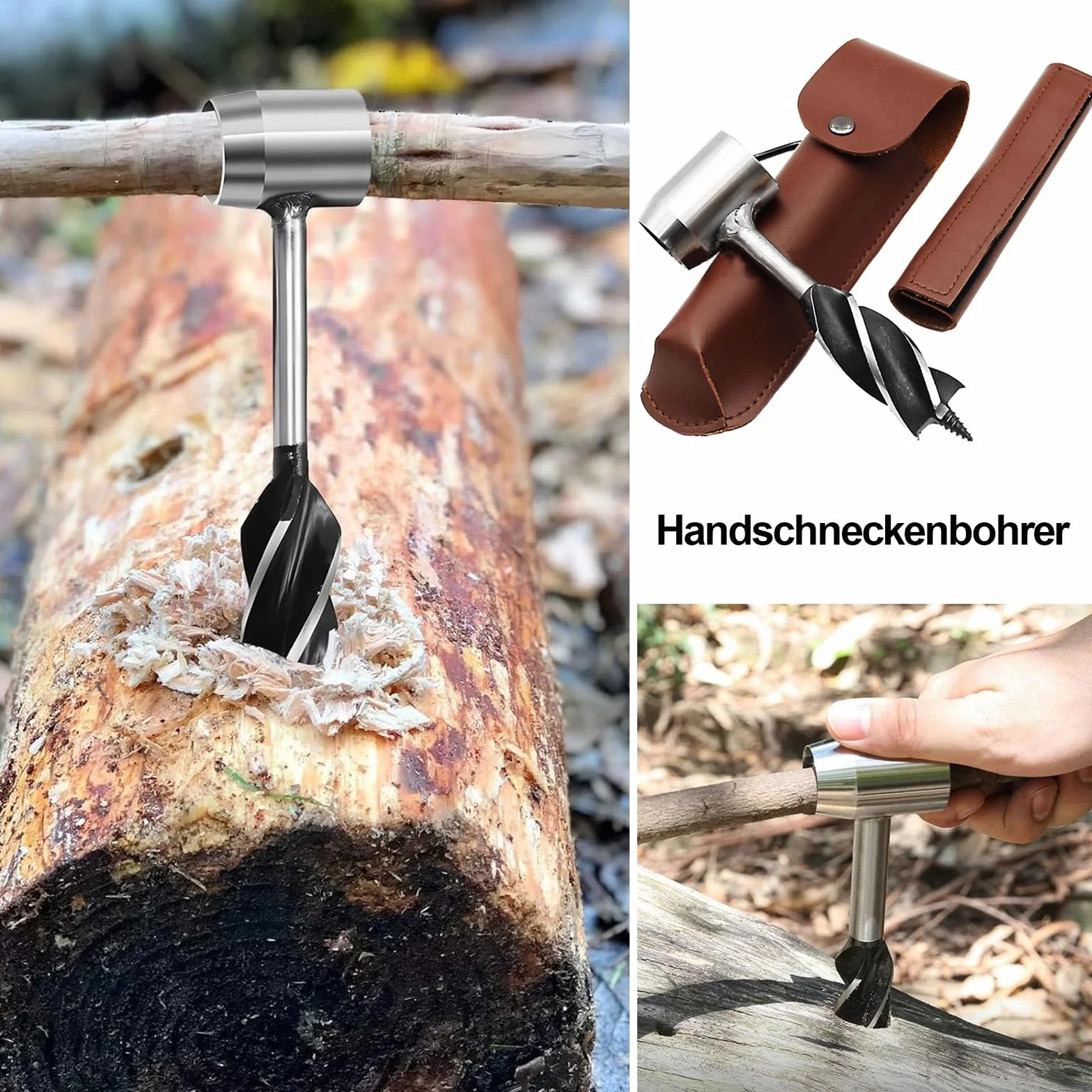 Ręczna wiertarka ślimakowa, ręczna wiertarka Bushcraft, ręczna wiertarka do drewna, ręczna wiertarka survivalowa ze skórzanym pokrowcem, zestaw wierteł ręcznych, do bushcraft, na kemping i podróże z