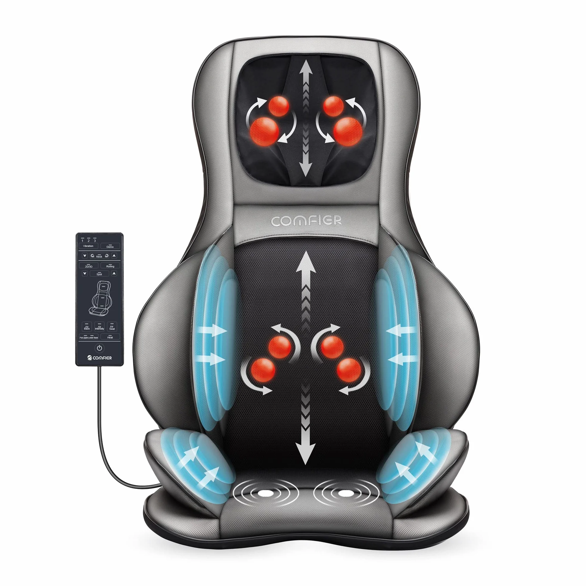 Comfier Shiatsu poduszka do masażu pleców i karku z ciepłem 2D/3D nakładka z regulowanym kompresem powietrznym