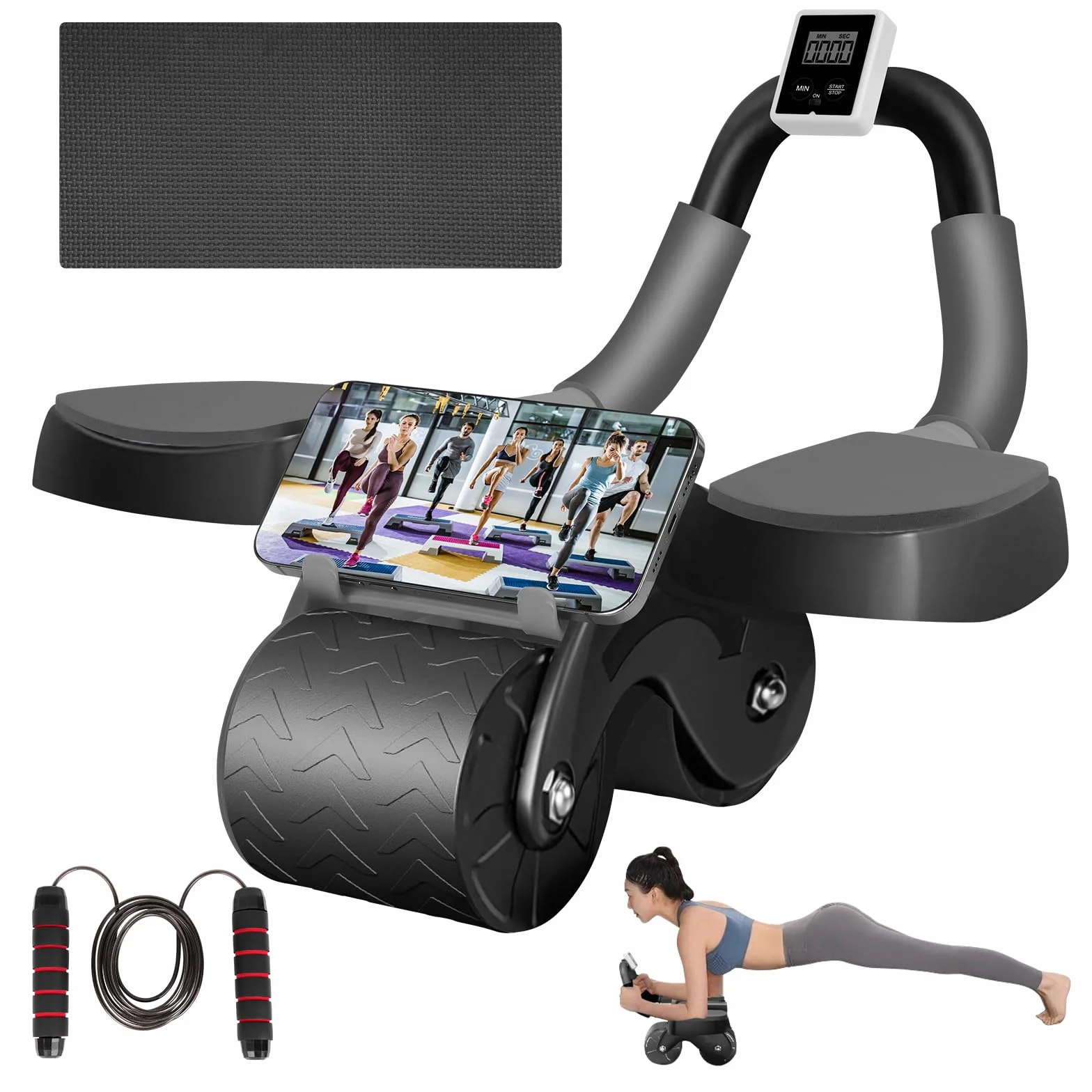 Flintronic Wheels Roller trener brzucha, automatyczne odbijanie brzucha, sprzęt fitness, trenażer brzucha z matą na kolana i timerem, do fitnessu, treningu, treningu