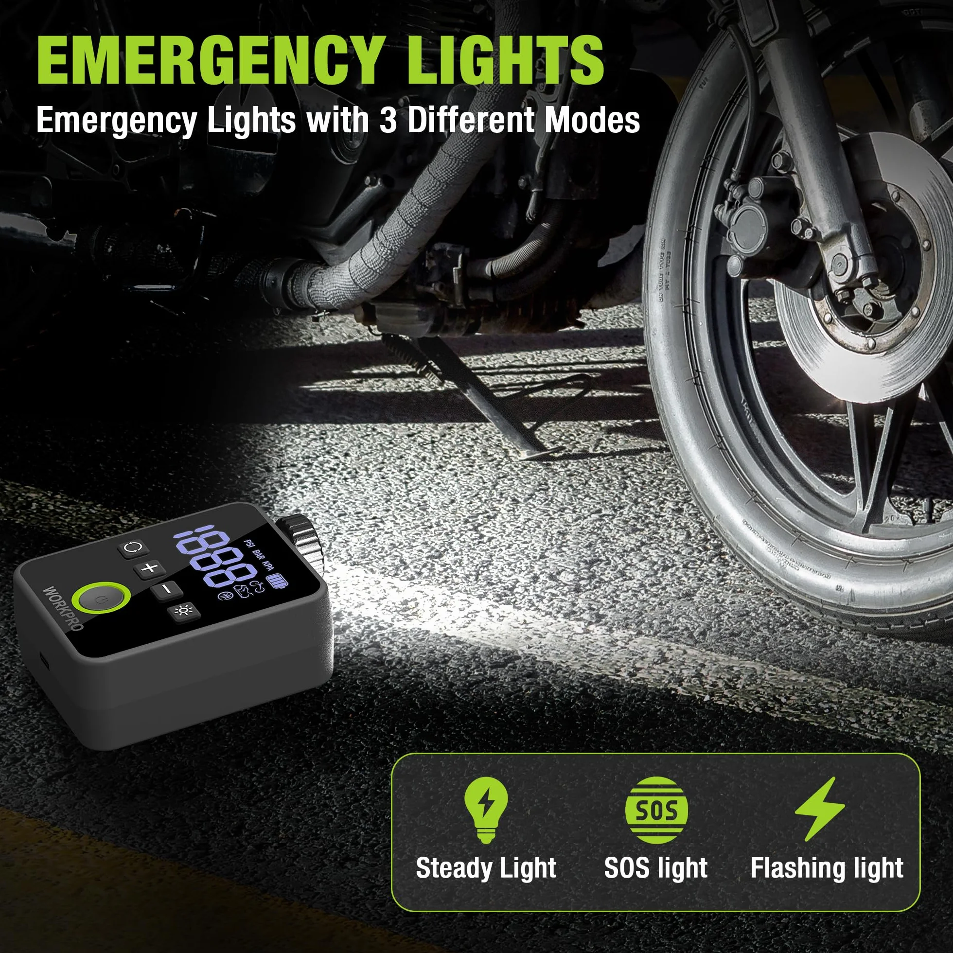 WORKPRO Mini pompka rowerowa, bezprzewodowa, elektryczna pompka powietrza 140 psi, przenośna sprężarka akumulatorowa z wyświetlaczem LED i światłem, do roweru, motocykla i piłki