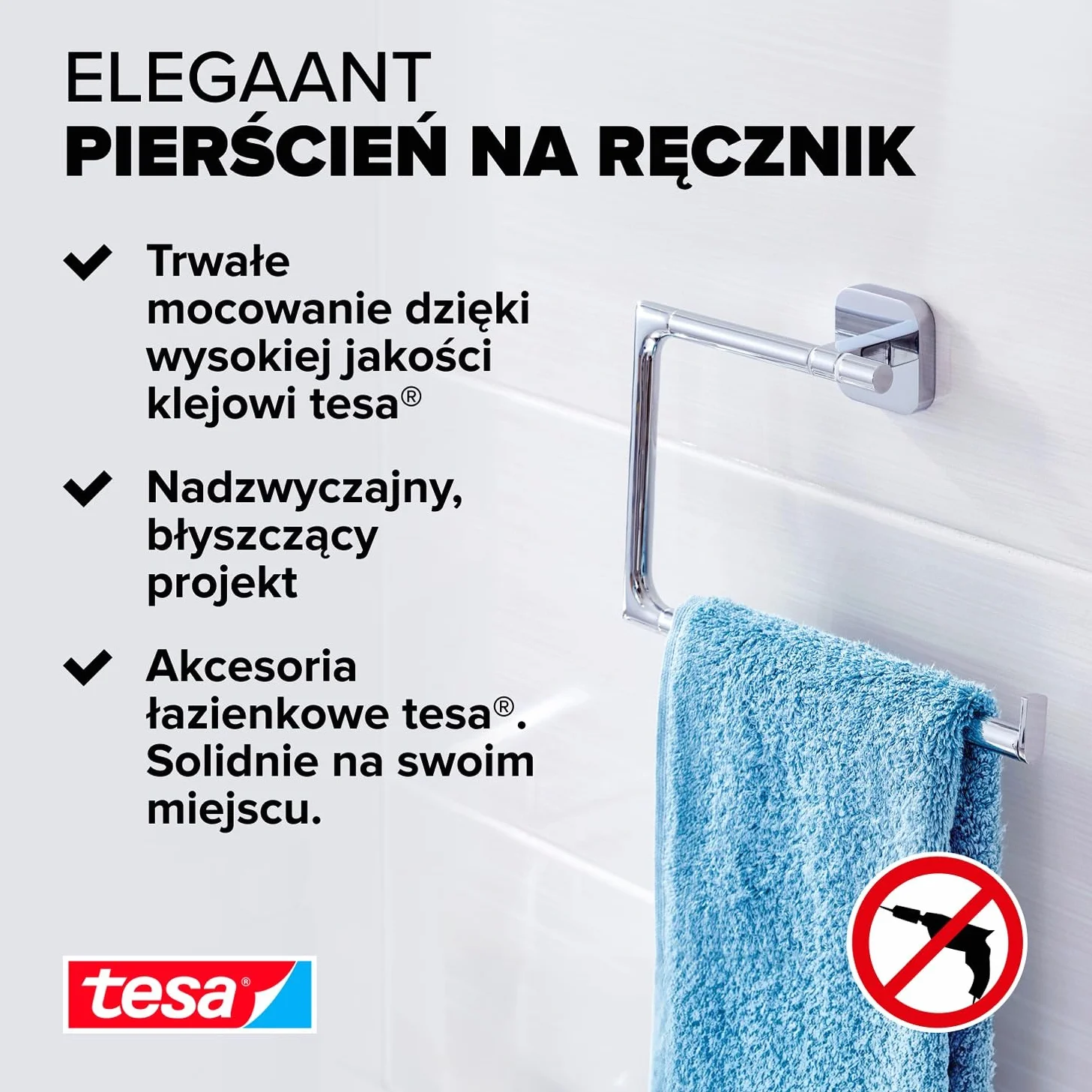 tesa ELEGAANT wieszak na ręczniki – samoprzylepny, metalowy pierścień ręcznikowy do łazienki – chromowany metal – prosty montaż – 156 mm x 185 mm x 45 mm