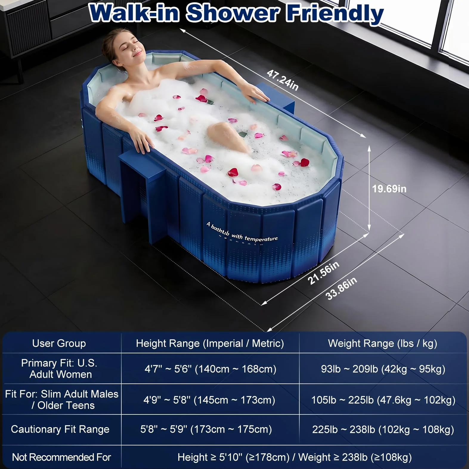 Przenośna wanna dla dorosłych, 119 cm, duża, składana, bez instalacji, do kabiny prysznicowej, do łazienki z gorącym SPA