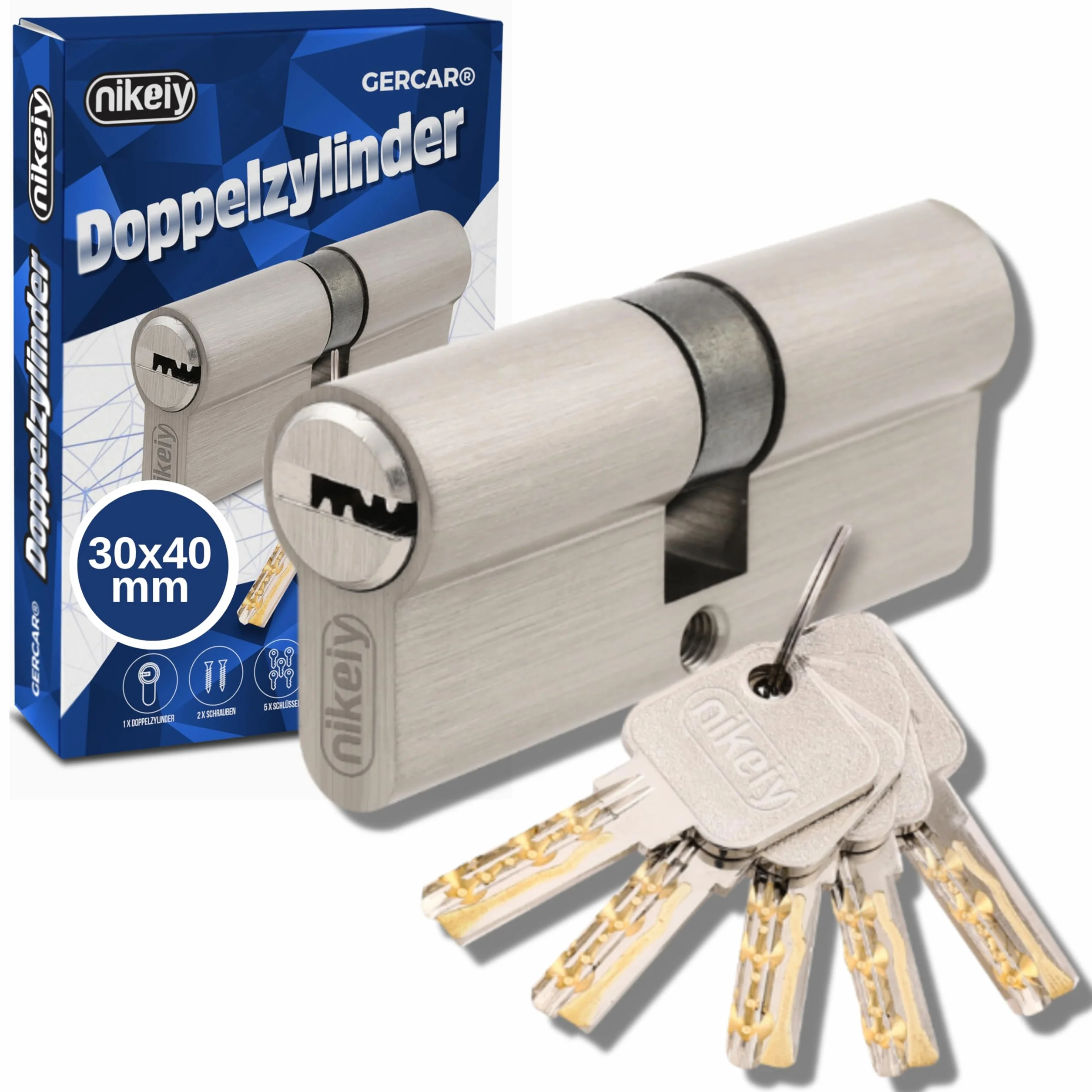 GERCAR Pro cylinder profilowy 30/40 masywny cylinder zamykający podwójny cylinder zamek bębenkowy zamek drzwi - z mosiądzu niklowanego - w zestawie 5 kluczy - klucz dwustronny - długość: 70 mm, A: 30