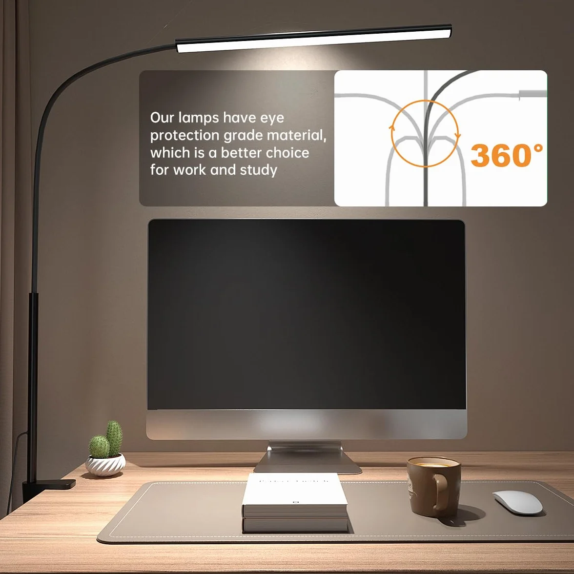 Lampa biurkowa LED z zaciskiem, ochrona oczu, lampa biurkowa, 5 trybów, 10 regulacji jasności, elastyczna 360°, lampa typu gęsia szyja, do domowego biura, lampy z adapterem USB (czarna)