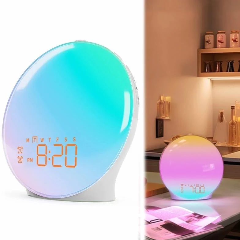 Zilimontt Budziki o wschodzie słońca, światło budzenia z symulacją wschodu słońca, podwójny alarm, lampka nocna przy łóżku, radio FM 7, uspokajający dźwięk, 18 kolorowych lamp nastrojowych (edycja