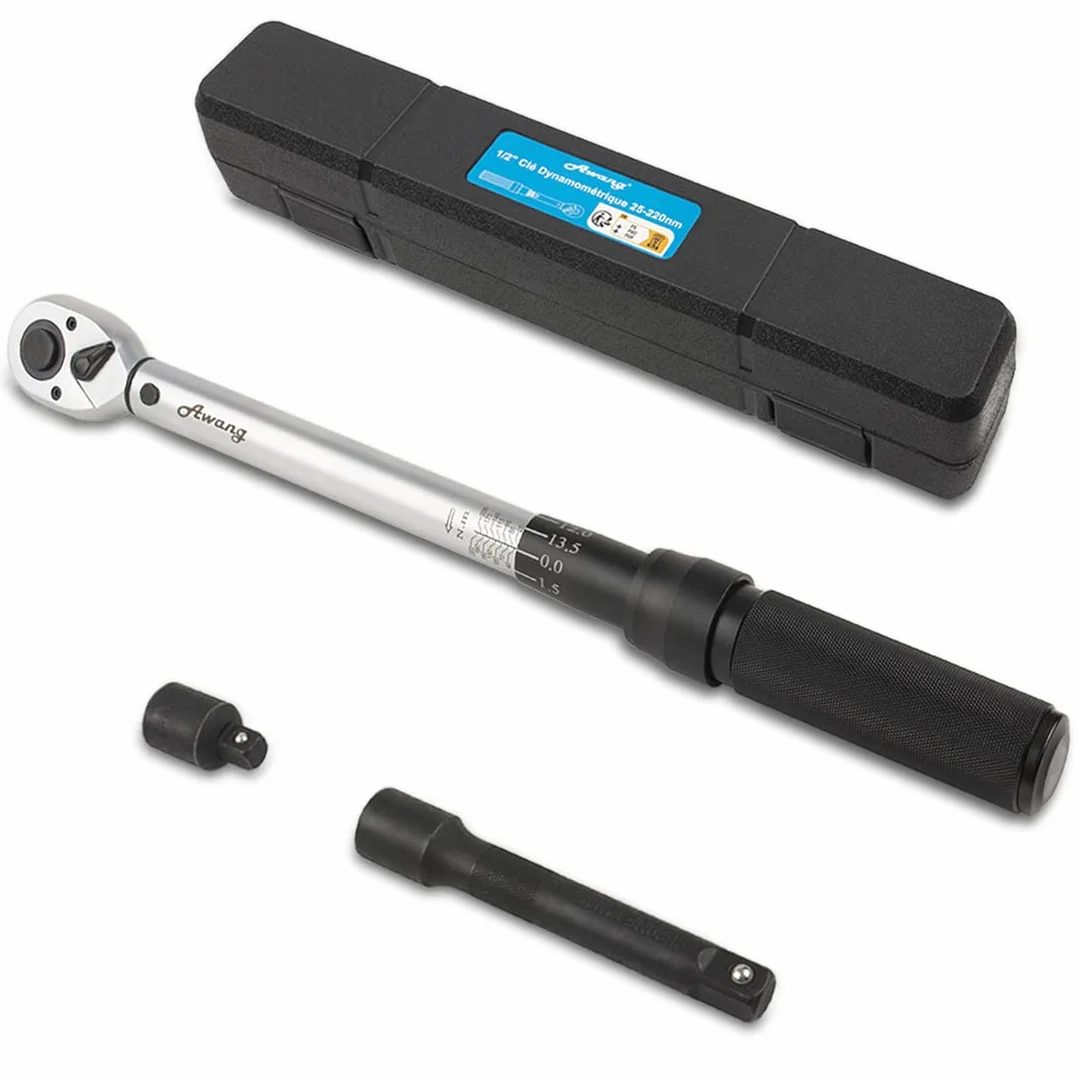 Awang Zestaw misek dynamometrycznych 1/2", 25-220 NM z adapterem, przedłużeniem i walizką, precyzyjna i łatwa w obsłudze do samochodu, motocykla