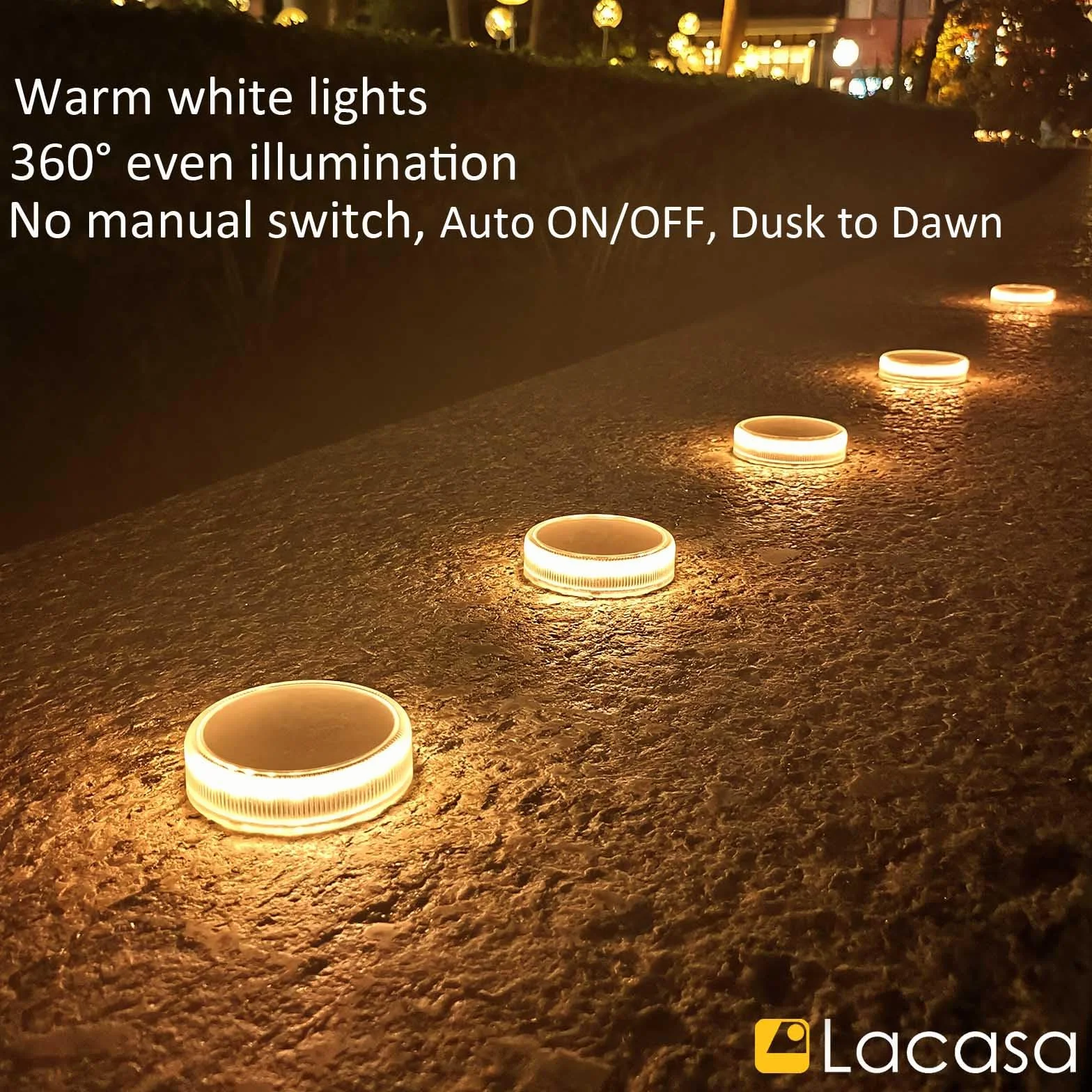 Lacasa 4 Sztuki LED Lampy Solarne do Ogrodu,Solarne Lampy Ogrodowe do Oświetlenia Ścieżek i Schodów, Wodoodporne, 2700K Ciepła Biel, Okrągłe Lampy Solarne