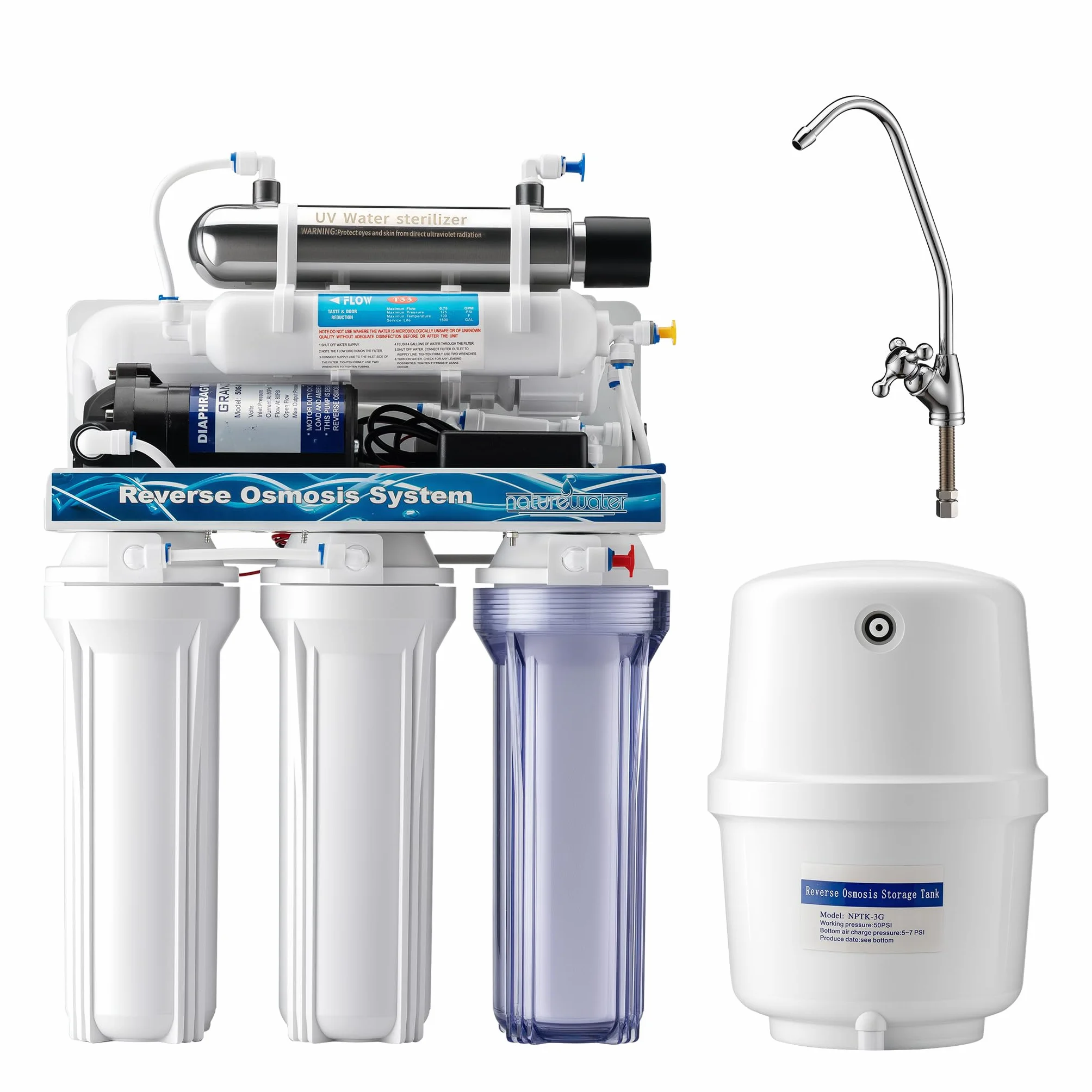 Naturewater 6-stopniowy system odwróconej osmozy 180 litrów/dobę, system odwróconej osmozy z klarownikiem UV i pompą wspomagającą do czystej wody pitnej