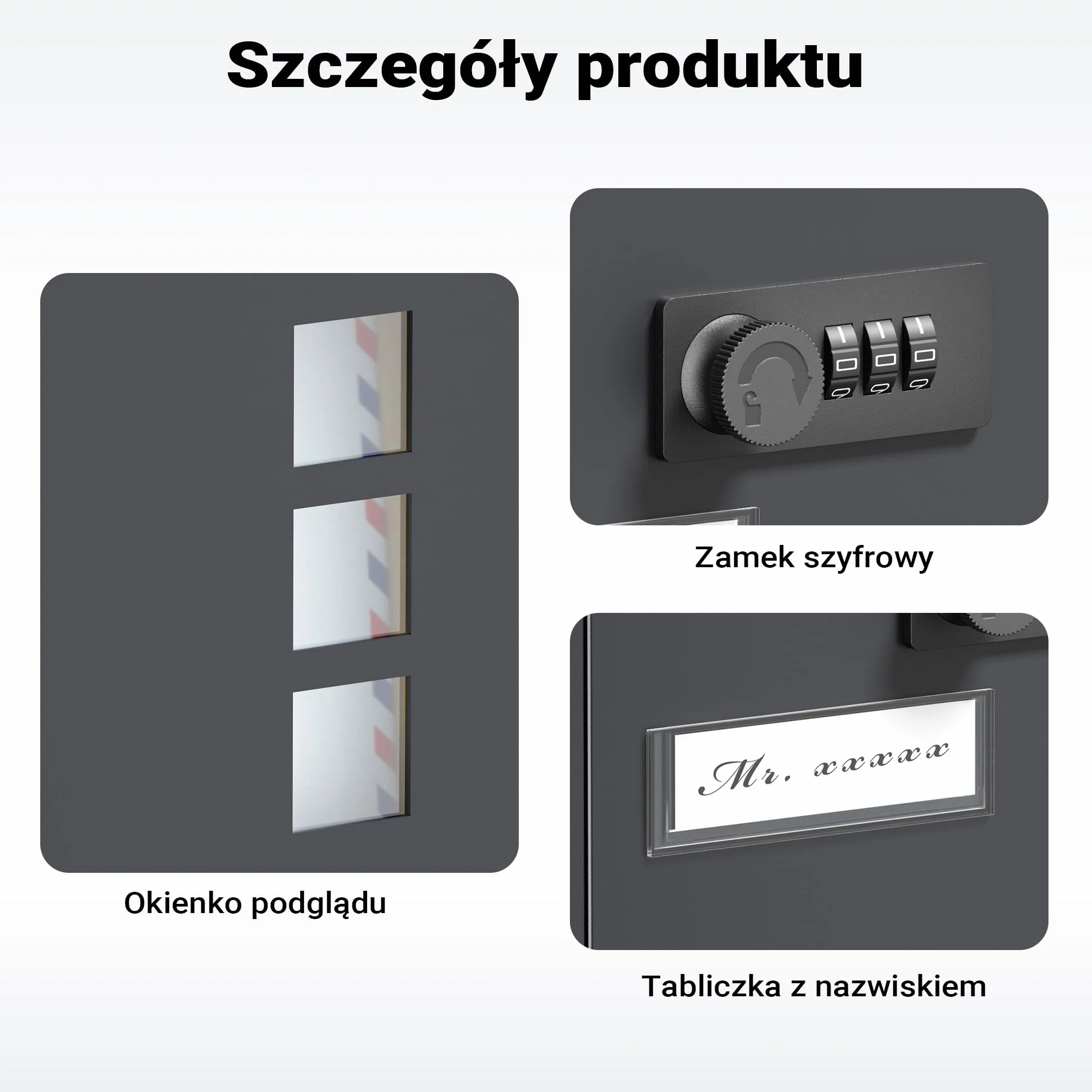 Wiltec Skrzynka na listy z zamkiem szyfrowym, imiennikiem i wizjerem, antracytowa skrzynka pocztowa do montażu na ścianie, stalowa, malowana proszkowo
