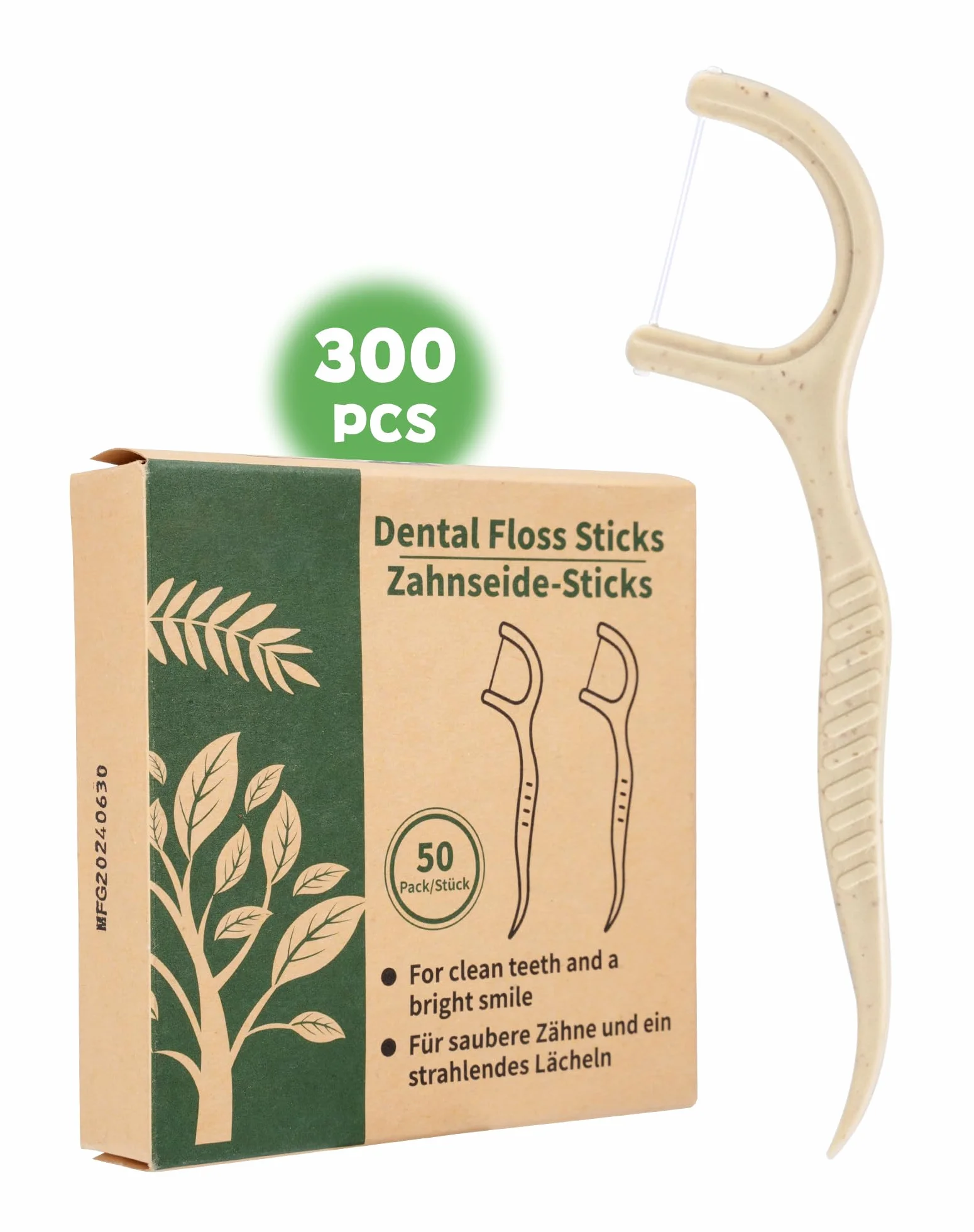 300 patyczków z nicią dentystyczną, ekologiczne, nienawoskowane nici dentystyczne z wykałaczką, nie plastyczne, naturalne, niewoskowane patyczki dentystyczne