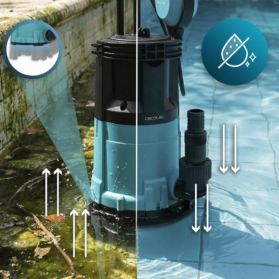 Cecotec Neptunus 750 Zatapialna pompa ciemna i kryształowa 750 W, 2w1 woda czysta i brudna, 14000 l/h, funkcja niskiego zasysania, wysokość 7,5 m, głębokość 7 m, przełącznik pływakowy, IPX8, kabel 10
