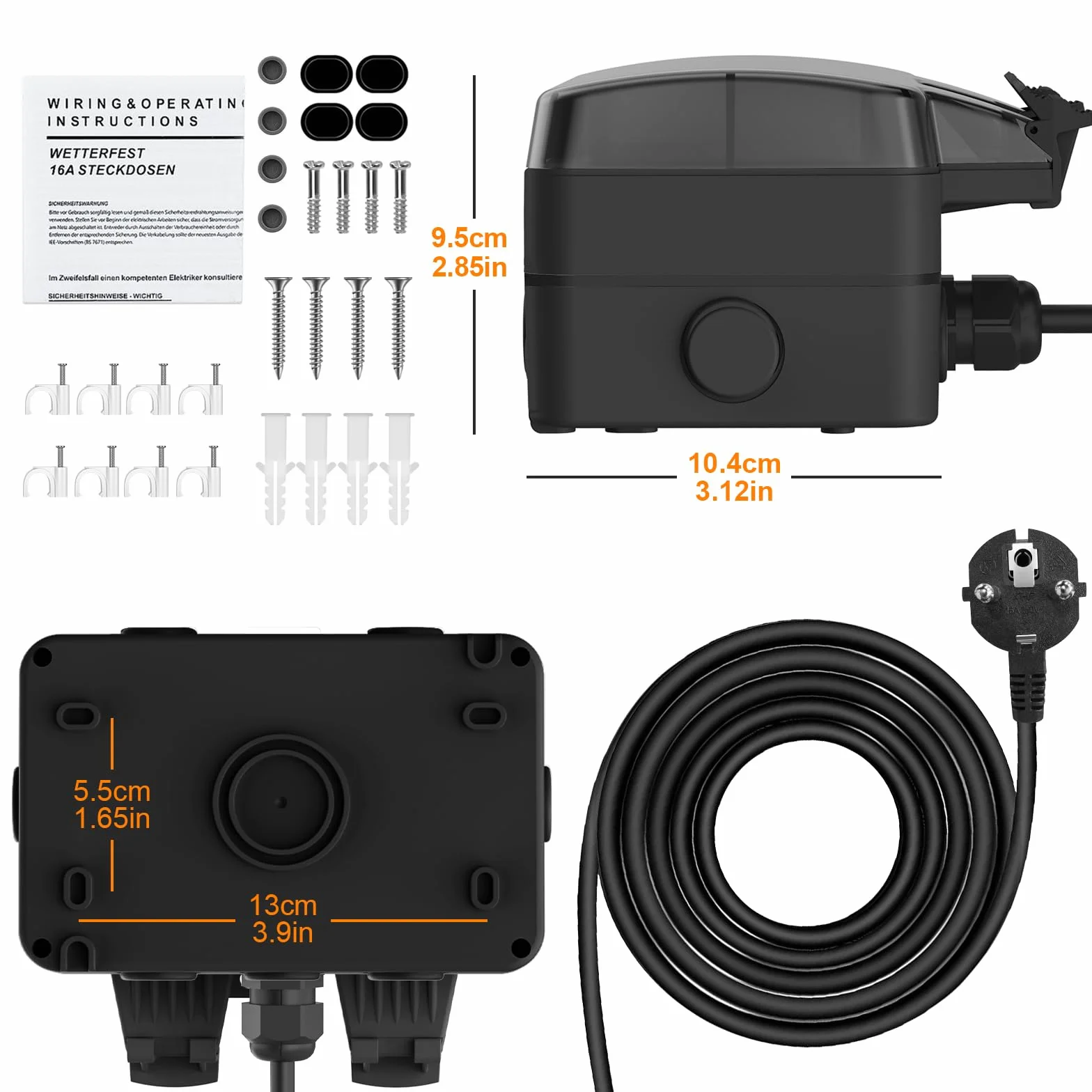 Gniazdko zewnętrzne IP66 podwójne z klapką kabel 3 m