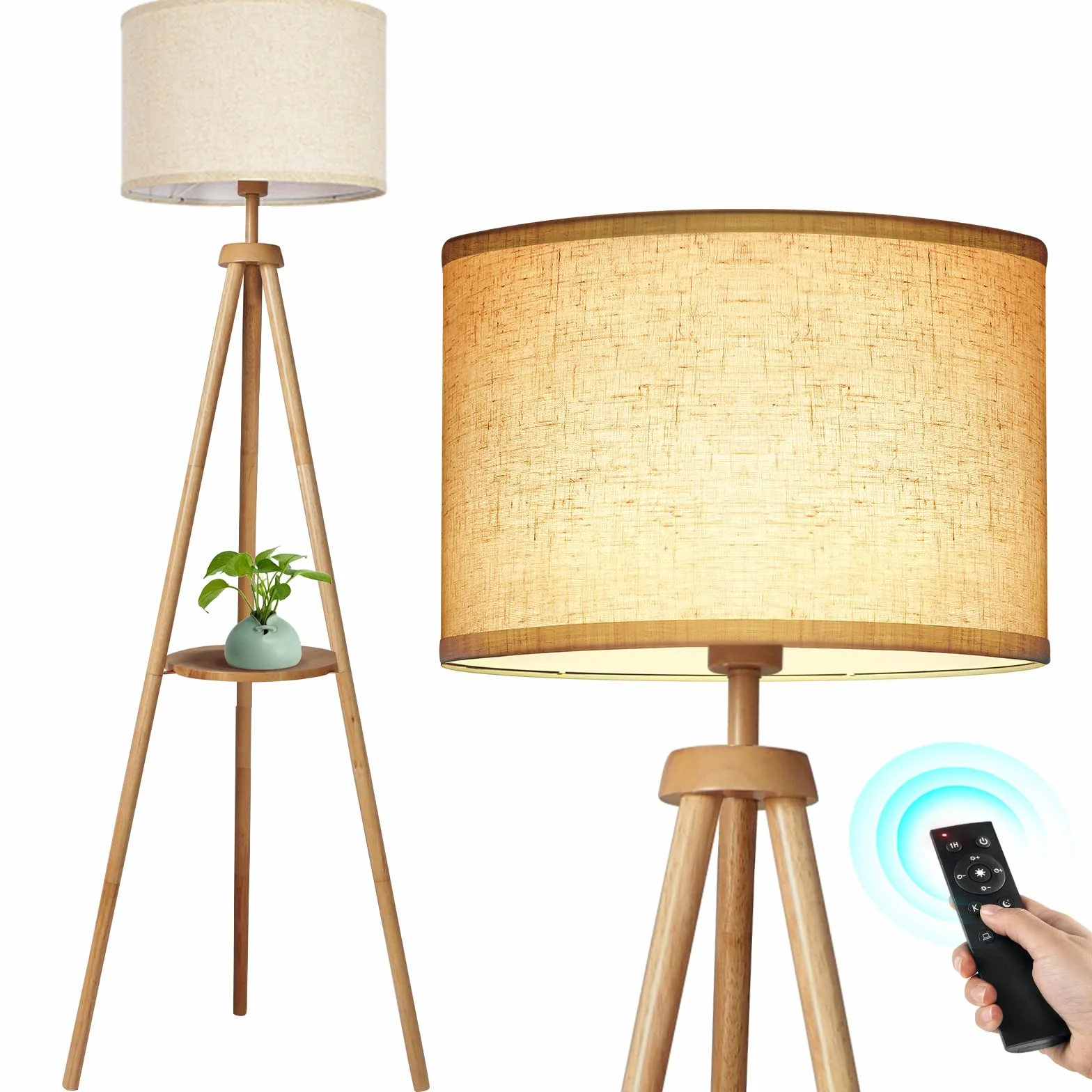 OUTON LED Przyciemniana Lampa Podłogowa na Trójnogu z Półką, Pilotem, 4 Temperatury Barwowe, 1-Godzinny Timer, Stojąca Lampa z Beżowym Kloszem do Salonu, Sypialni, Biura (Drewno)